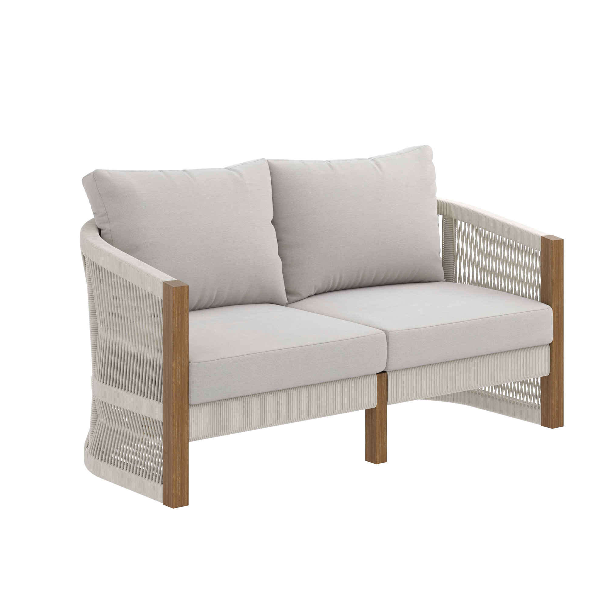 A modern loveseat with light gray cushions, woven rope sides, and wooden armrests and legs. The design combines soft fabric with sturdy materials for a contemporary look.