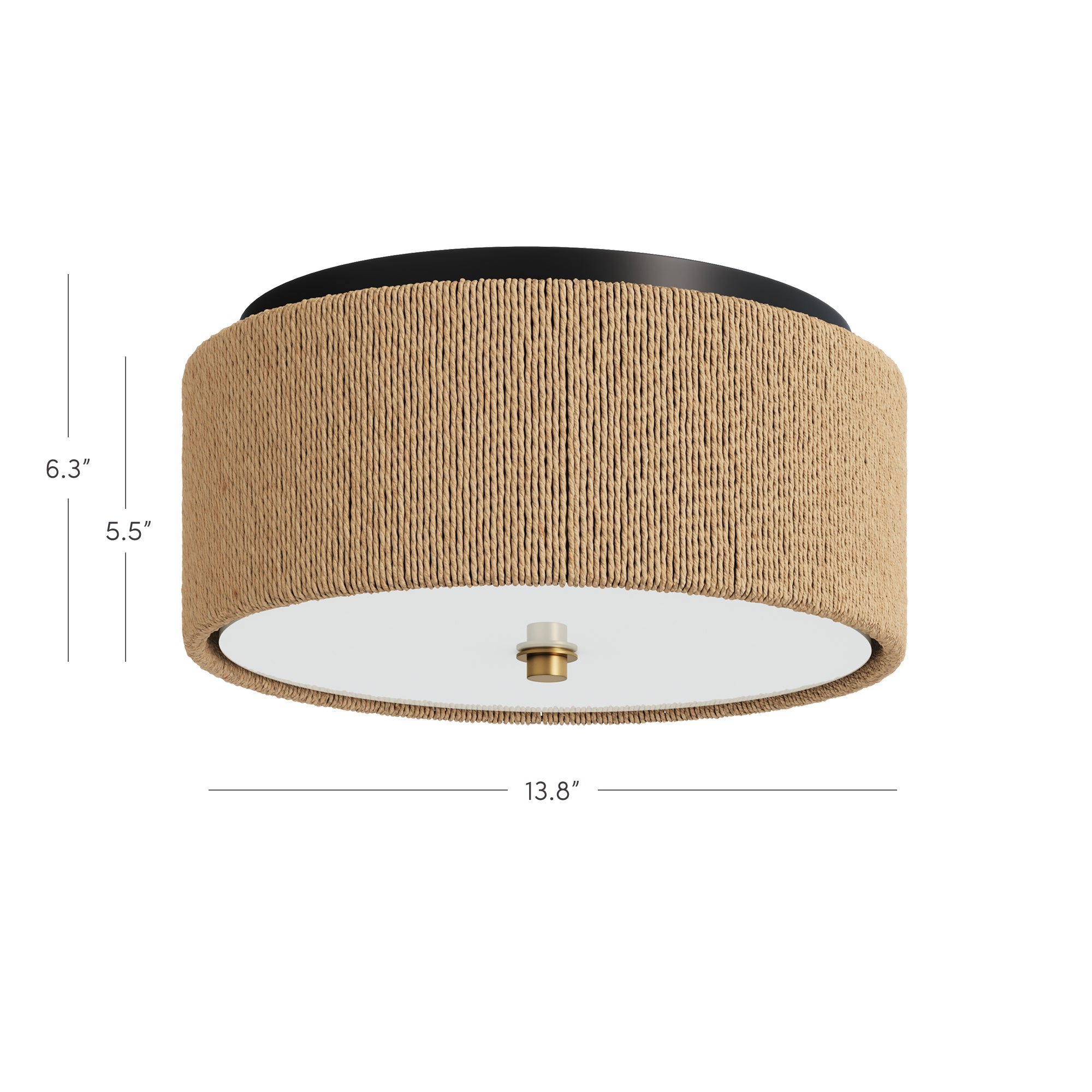 A modern ceiling light with a cylindrical beige textured shade, a white flat base, and a small central gold accent. The fixture measures 13.8 inches wide and 6.3 inches tall.