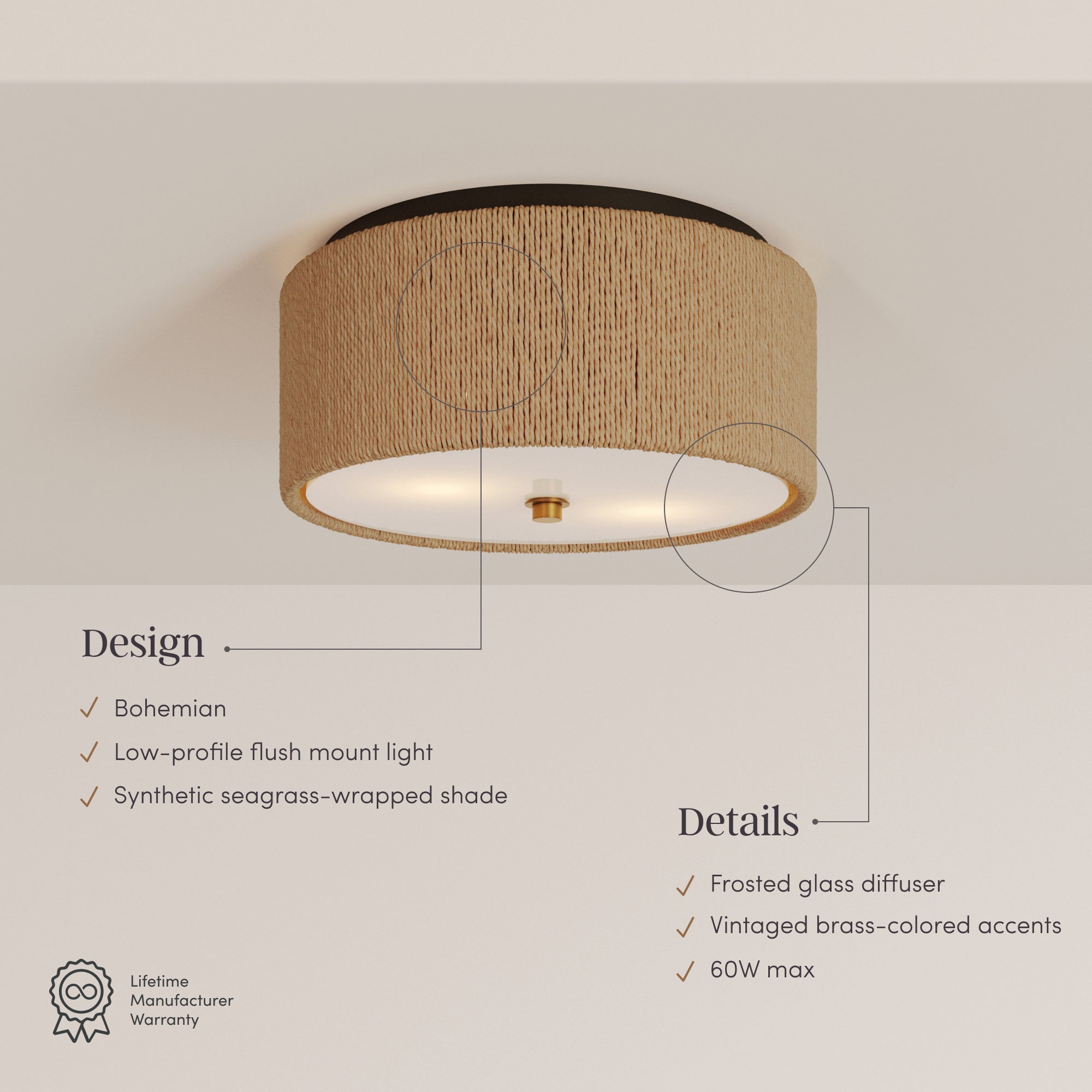 A flush mount ceiling light with a cylindrical, synthetic seagrass-wrapped shade, frosted glass diffuser, and vintage brass accents. Features listed include bohemian design and a maximum 60W capacity.