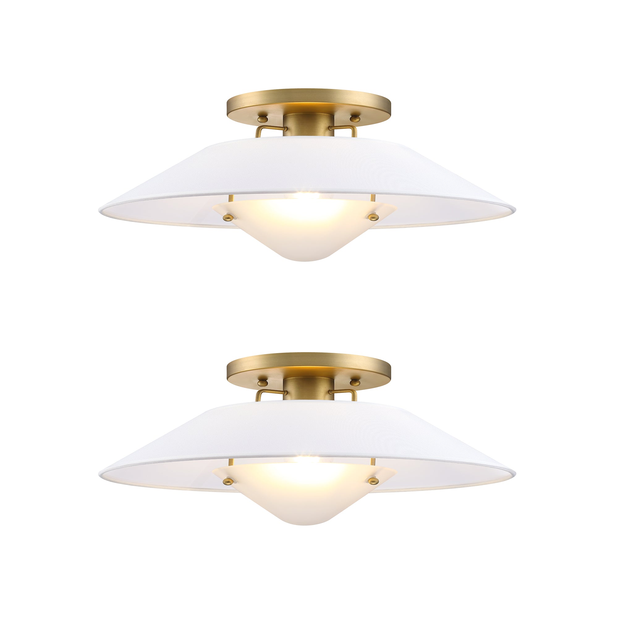 Two modern ceiling lights with gold fixtures and wide, white, cone-shaped shades, each with a frosted bulb illuminated, shown against a white background.