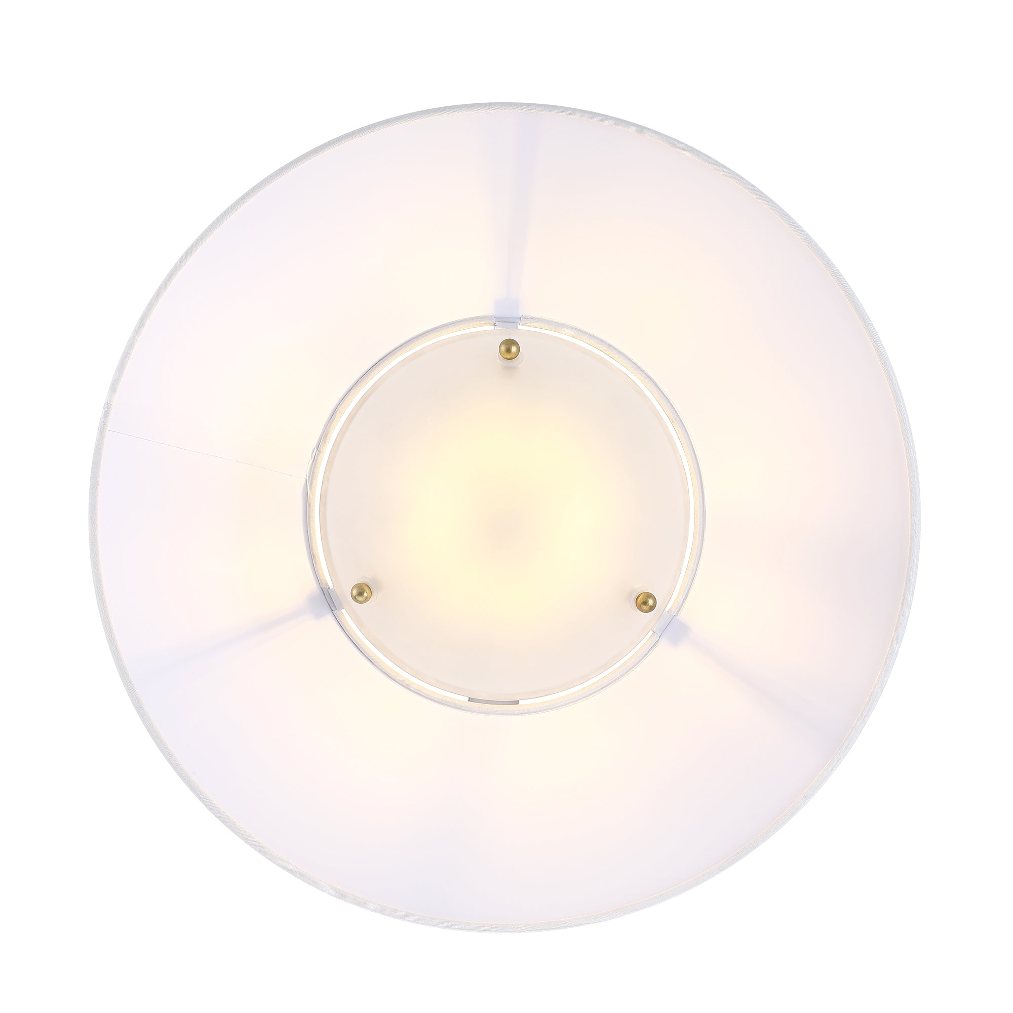 Overhead view of a modern ceiling light fixture with a circular design, featuring a translucent white shade and three gold-colored fasteners in the center, radiating soft, even light.