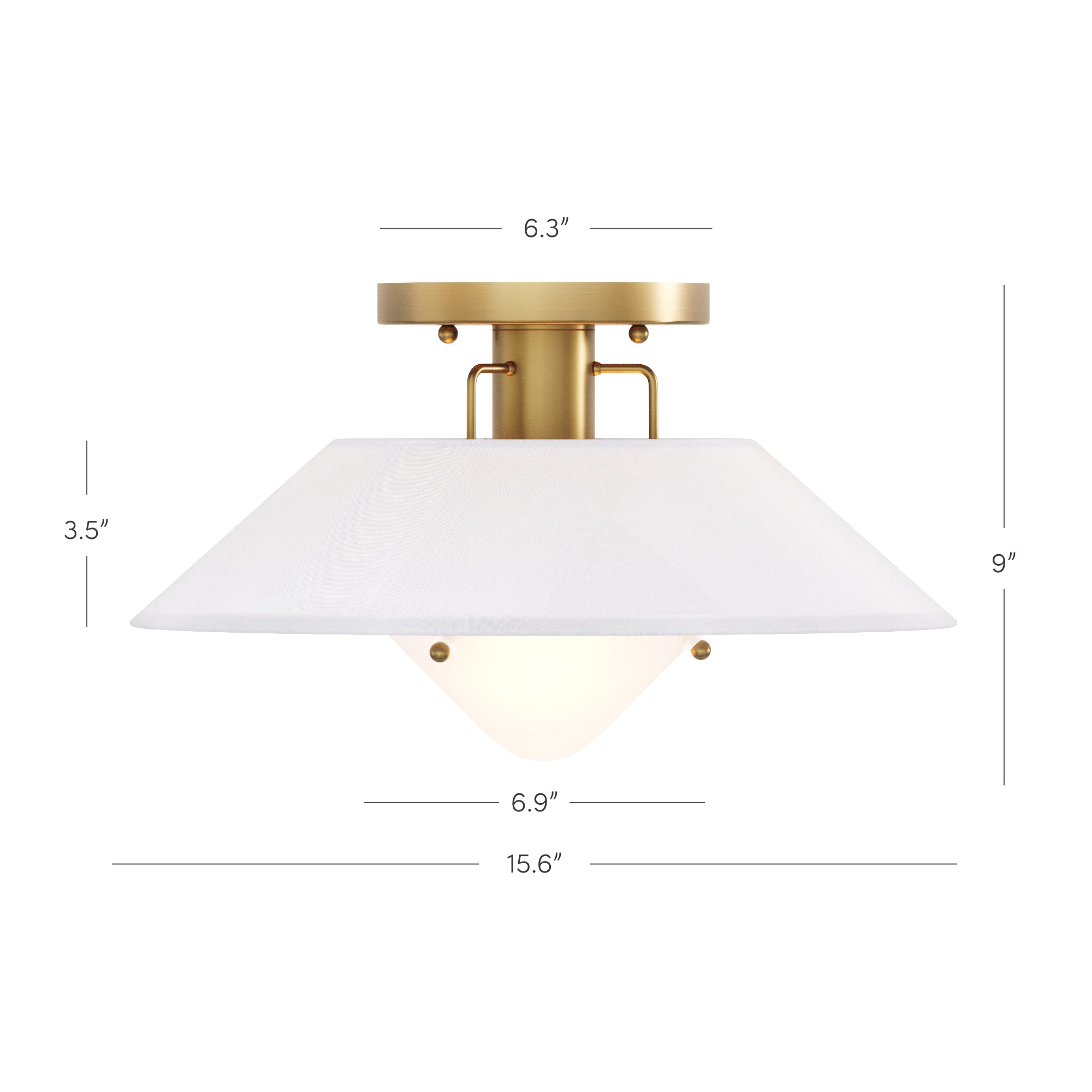 A semi-flush mount ceiling light with a brass base and a wide, white conical fabric shade. The fixture measures 15.6 wide, 9 tall, and the base is 6.3 wide and 3.5 high. A frosted bulb cover hangs below.