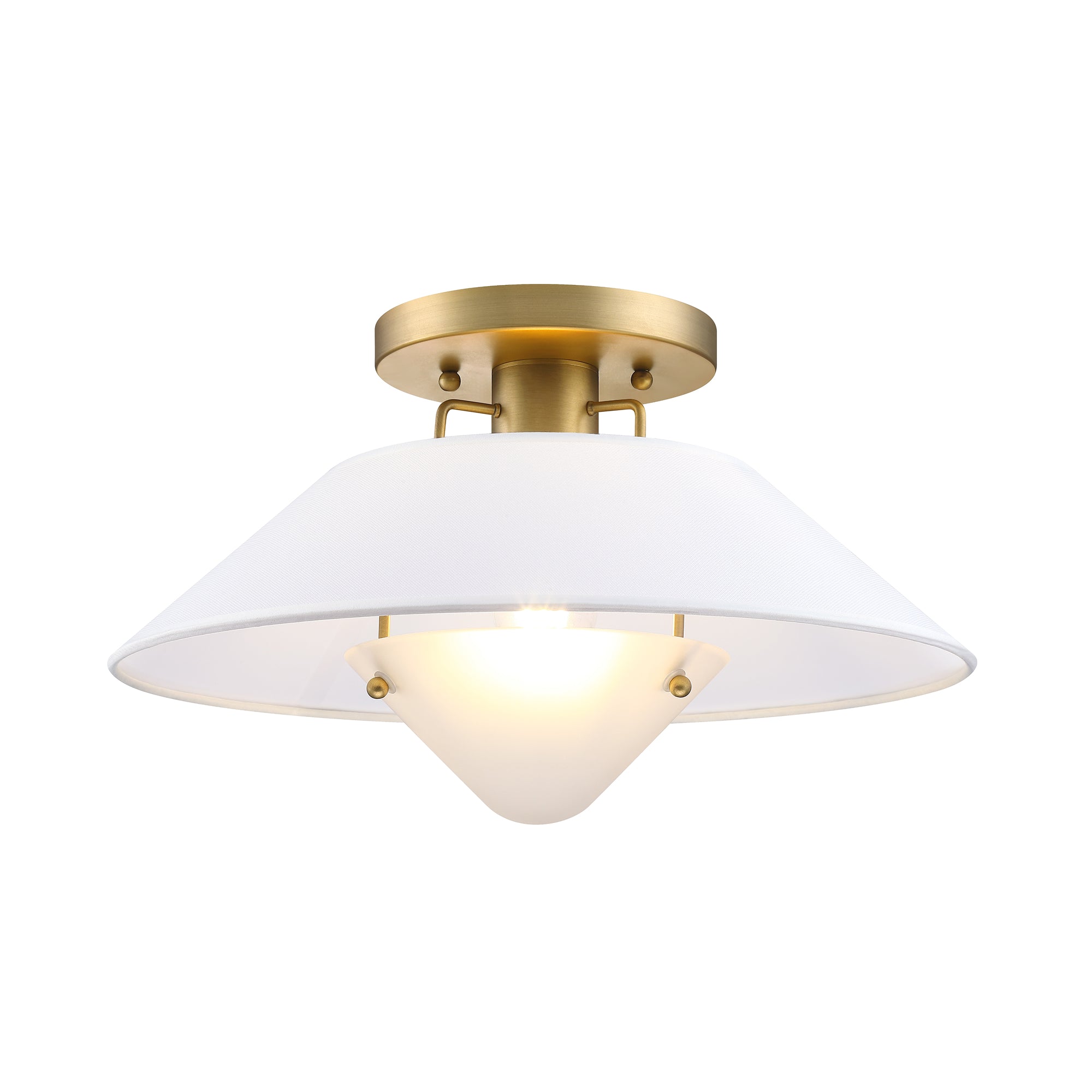 A modern ceiling light fixture with a brass base, white cone-shaped shade, and exposed bulb, designed for semi-flush mounting.