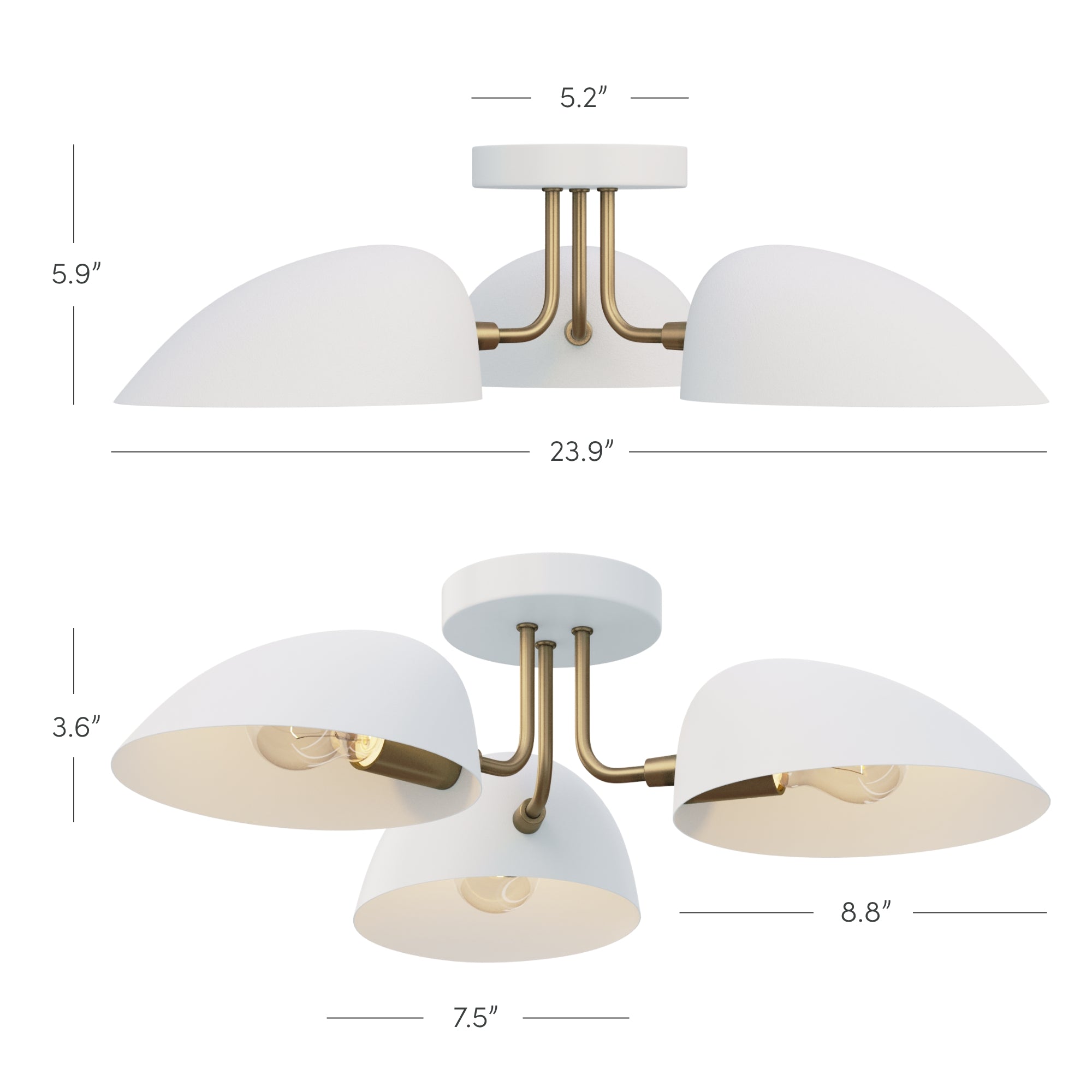 White and gold three-light ceiling fixture with dome-shaped shades; dimensions labeled: 23.9 wide, 5.9 and 3.6 high, 5.2 canopy, 8.8 and 7.5 shade depth.