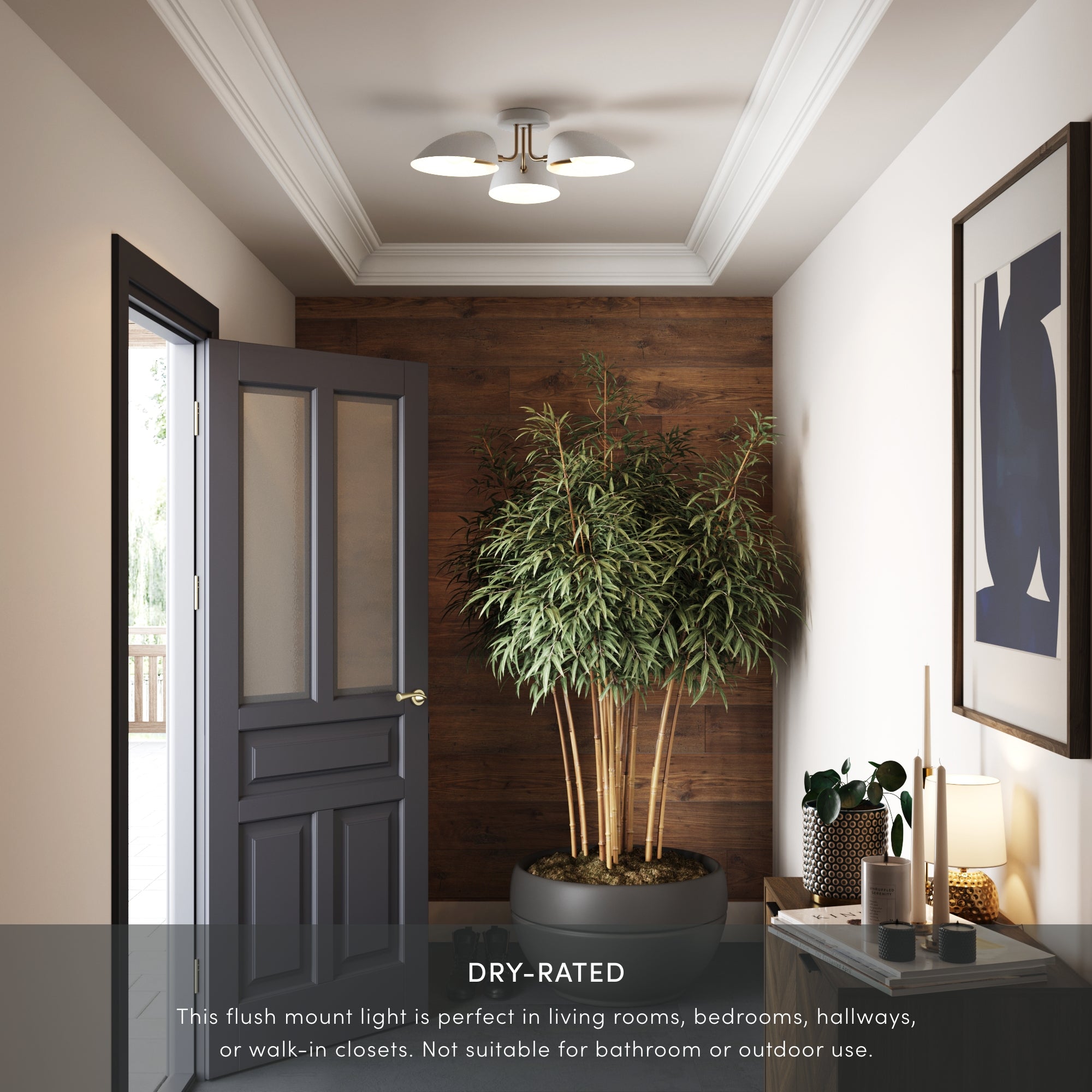 A modern entryway with a dark door, large potted plant, wall art, console table with decor, and a stylish flush mount ceiling light. Text overlay describes the light as suitable for dry indoor areas only.