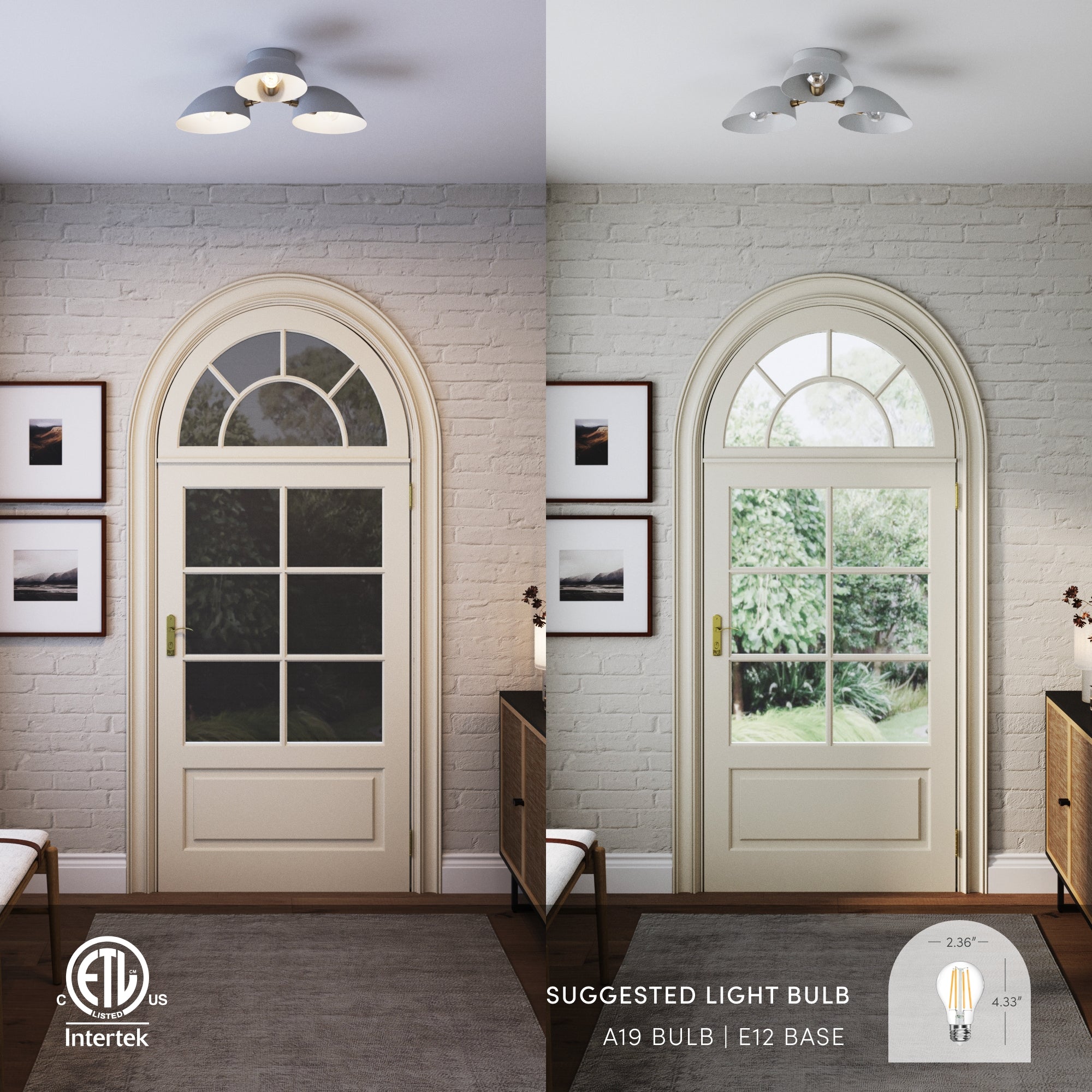 A side-by-side comparison of a room with the same ceiling light fixture, showing two different lighting effects: a dim, warm light on the left and a brighter, cooler light on the right. Suggested light bulb details are shown below.