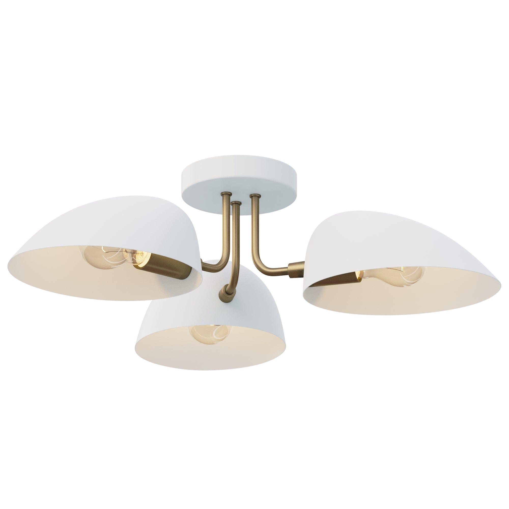 A modern ceiling light fixture featuring three white, dome-shaped lampshades attached to curved brass arms on a round white base.