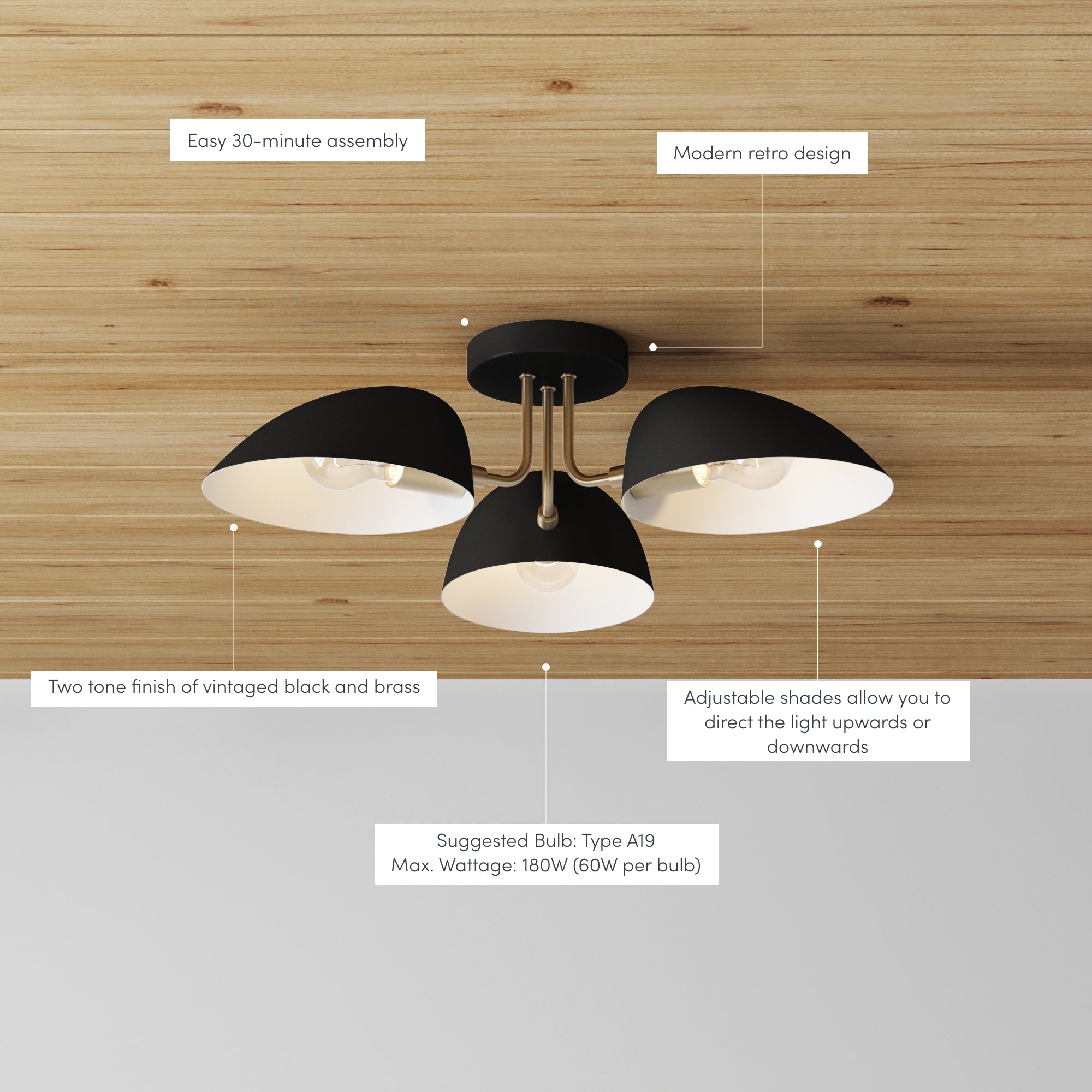 Ceiling light fixture with three black and brass adjustable shades mounted on a wooden ceiling, with labeled features including easy assembly, modern retro design, adjustable shades, and suggested bulb type.