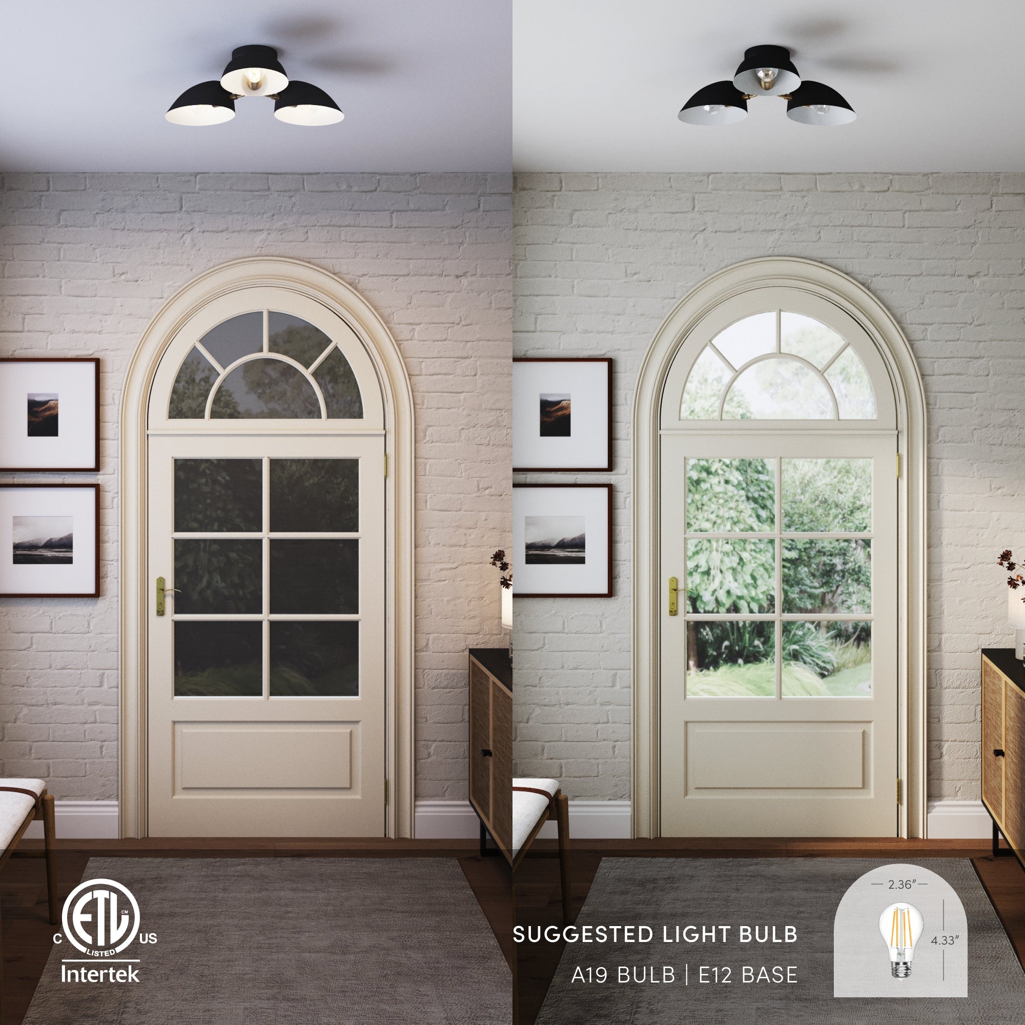 Split image showing a white arched door in two lighting settings: left side with cool daylight, right side with warm, yellow light. Text highlights suggested bulb type: A19, E12 base. Intertek and ETL logos appear in bottom left corner.