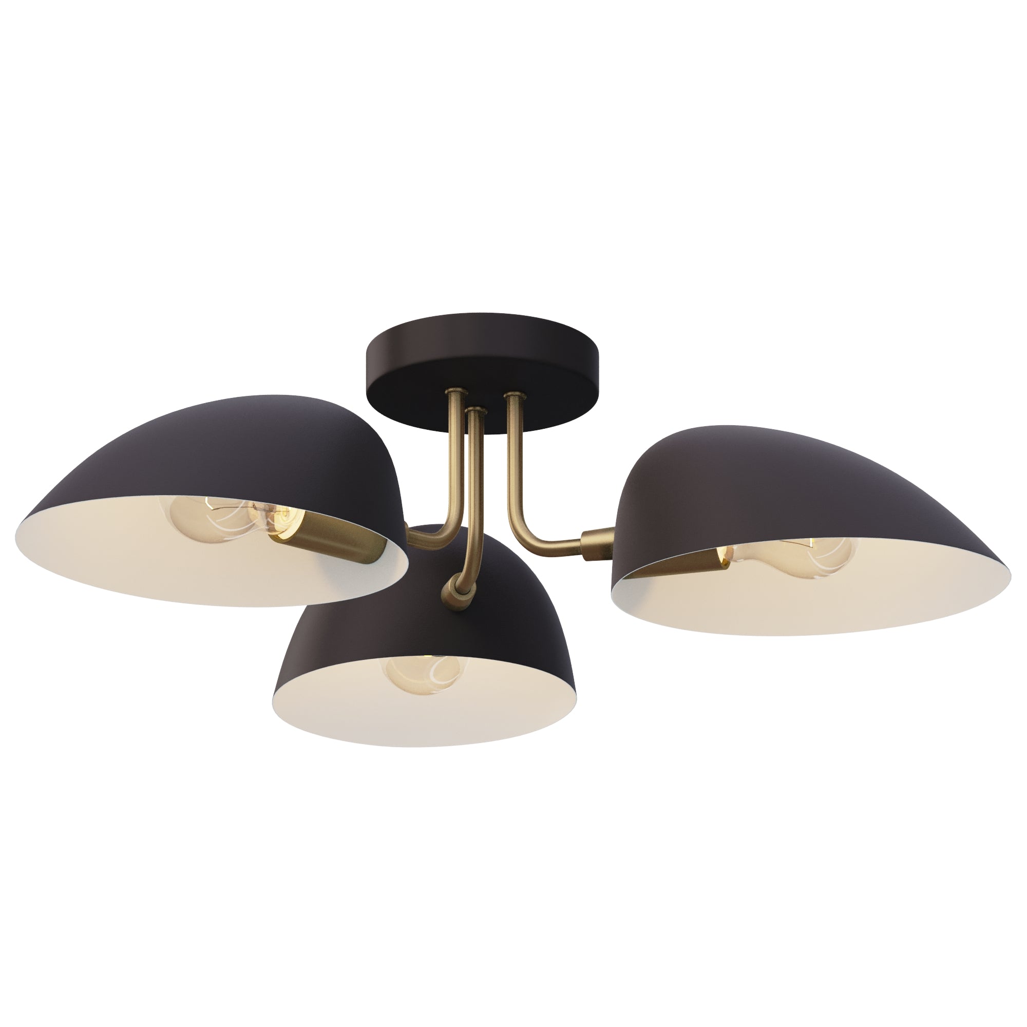 A modern ceiling light fixture with three black, dome-shaped shades and brass arms, attached to a round black base. Each shade reveals a light bulb inside.