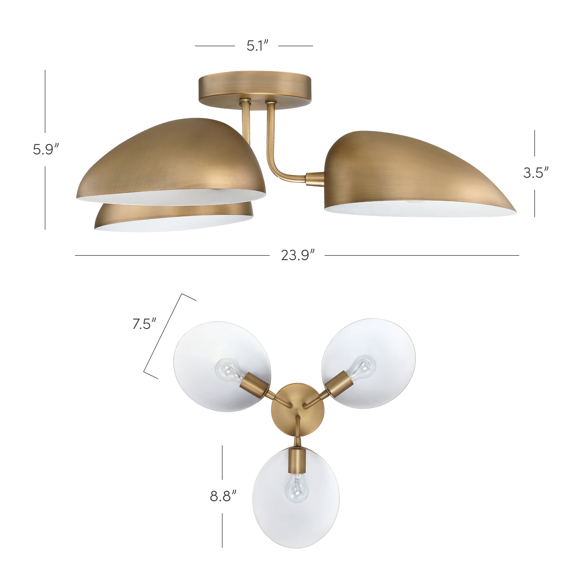Brass-colored ceiling light fixture with three dome-shaped shades, shown from side and bottom views, with labeled dimensions: 23.9 wide, 5.9/3.5 heights, 5.1 center, 7.5 between bulbs, and 8.8 diameter.