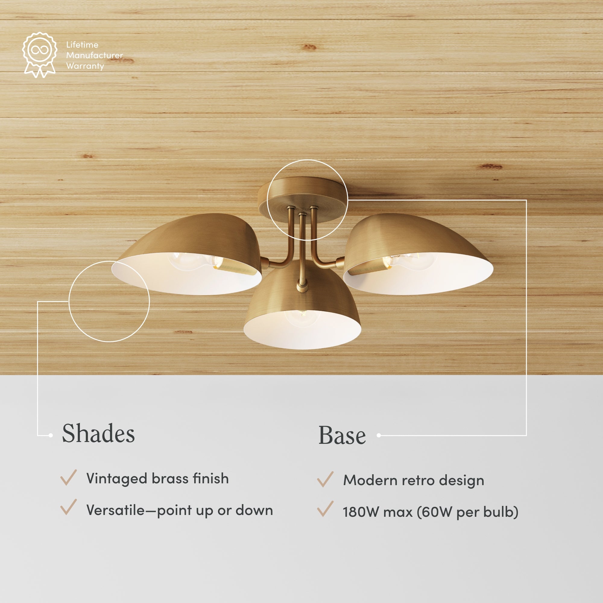Ceiling light fixture with three brass shades mounted on a wooden ceiling. Text highlights features: vintage brass finish, versatile shade direction, modern retro design, and 180W max (60W per bulb).