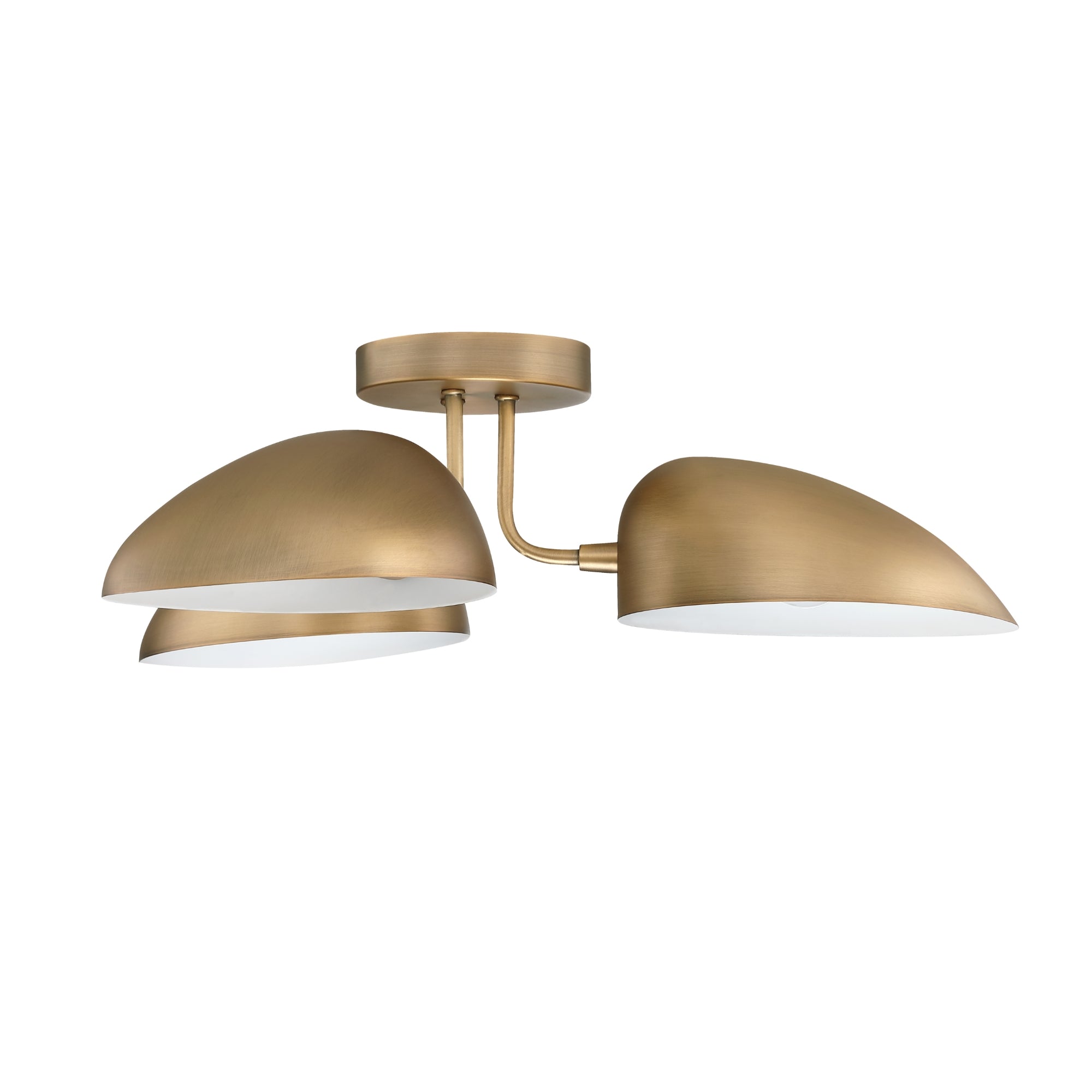 A modern ceiling light fixture with three overlapping, dome-shaped, brushed brass shades attached to a round brass ceiling mount by short rods. The shades have white interiors.