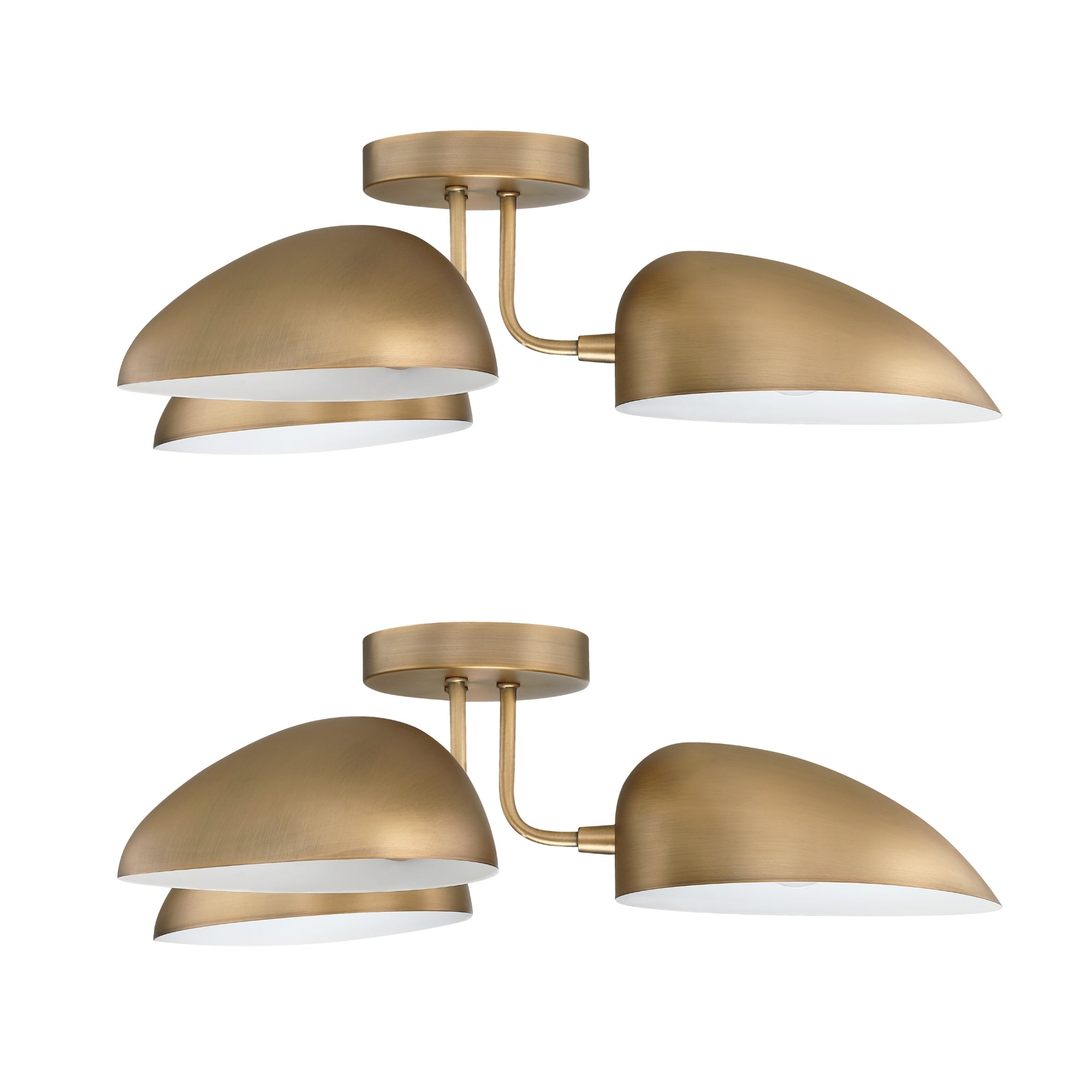 Two modern brass ceiling light fixtures with dome-shaped shades and white interiors, mounted on round bases; each fixture has two lamps connected by angled arms.