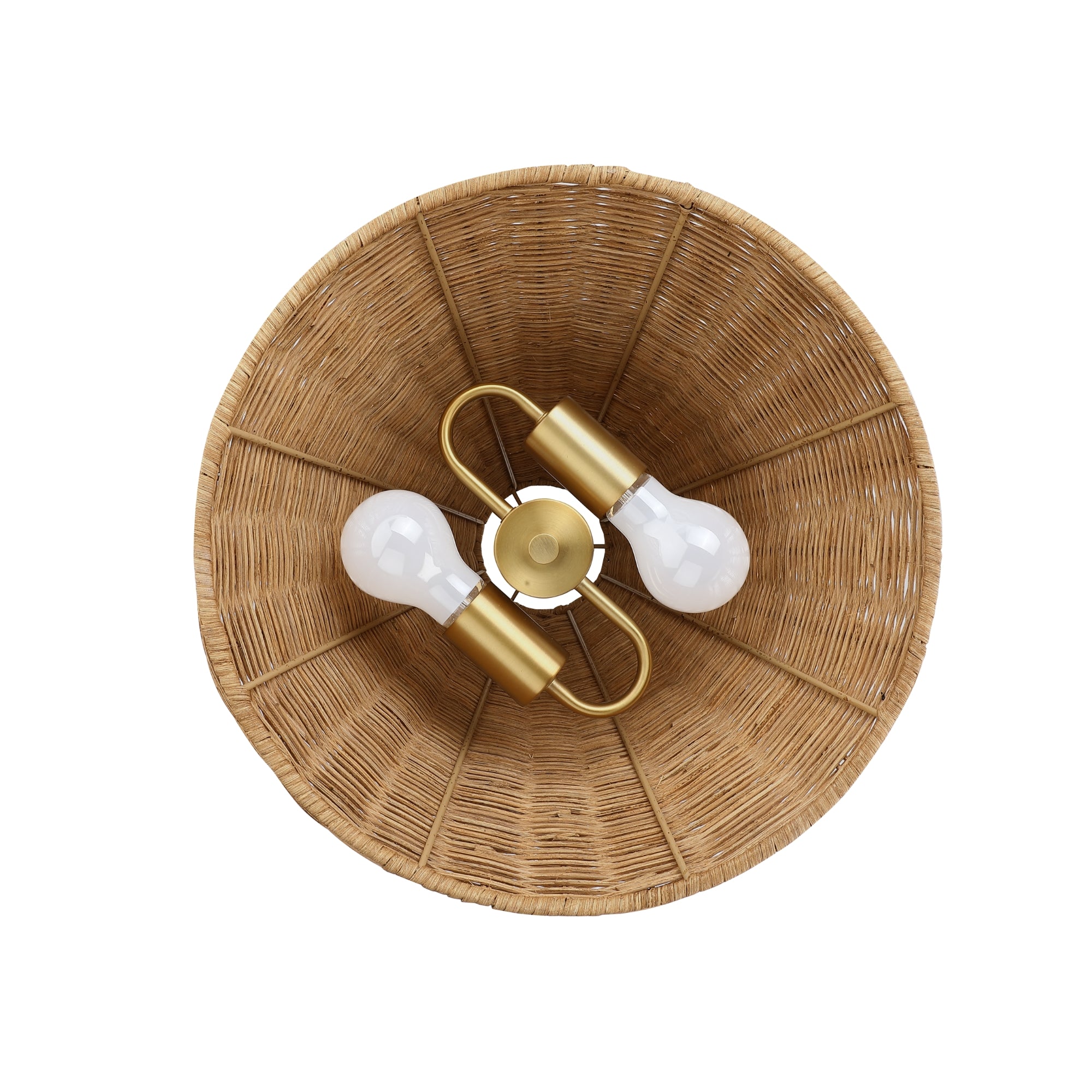 Overhead view of a woven rattan light fixture with a circular basket shape, featuring a gold metal fitting and two exposed light bulbs inside.
