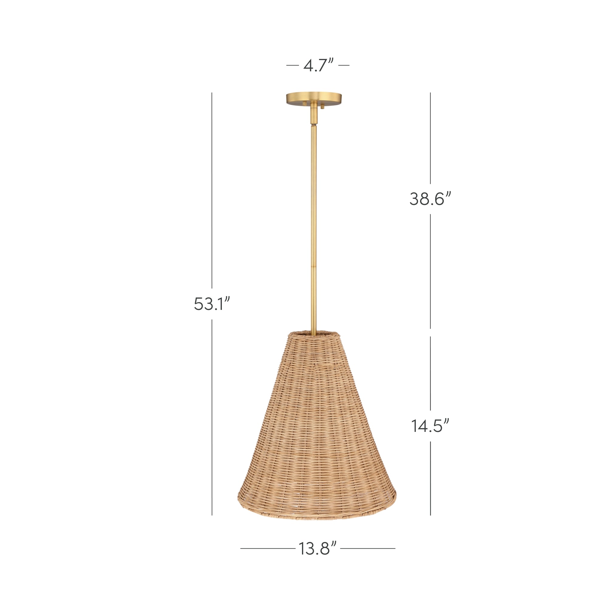 A pendant light with a woven rattan conical shade, gold rod and ceiling mount. Dimensions are labeled: rod height 38.6, total height 53.1, shade height 14.5, shade diameter 13.8, and ceiling mount width 4.7.