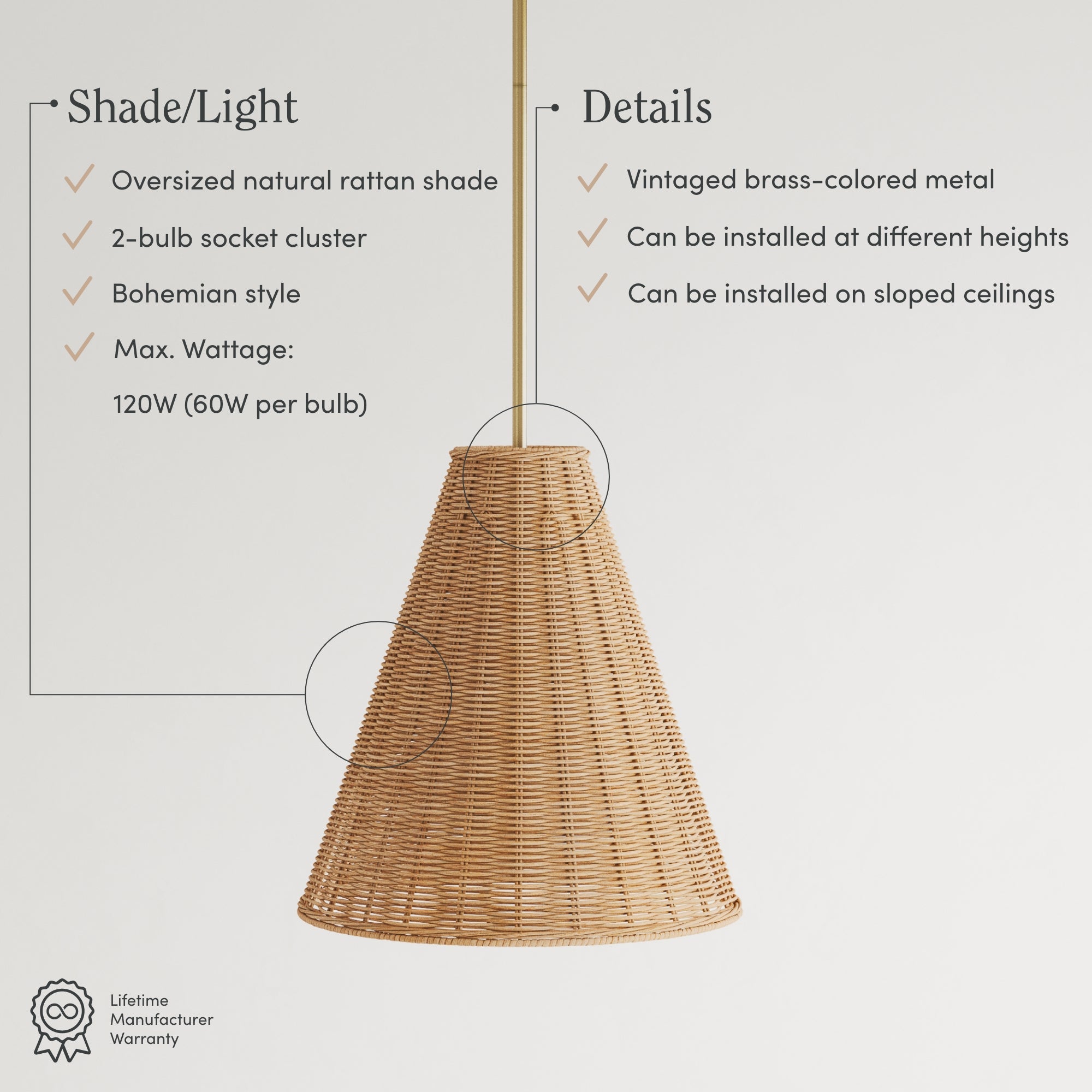A cone-shaped hanging lamp with a woven natural rattan shade and brass-colored metal details. Text highlights features: 2-bulb socket, Bohemian style, max 120W, adjustable and sloped ceiling compatible.
