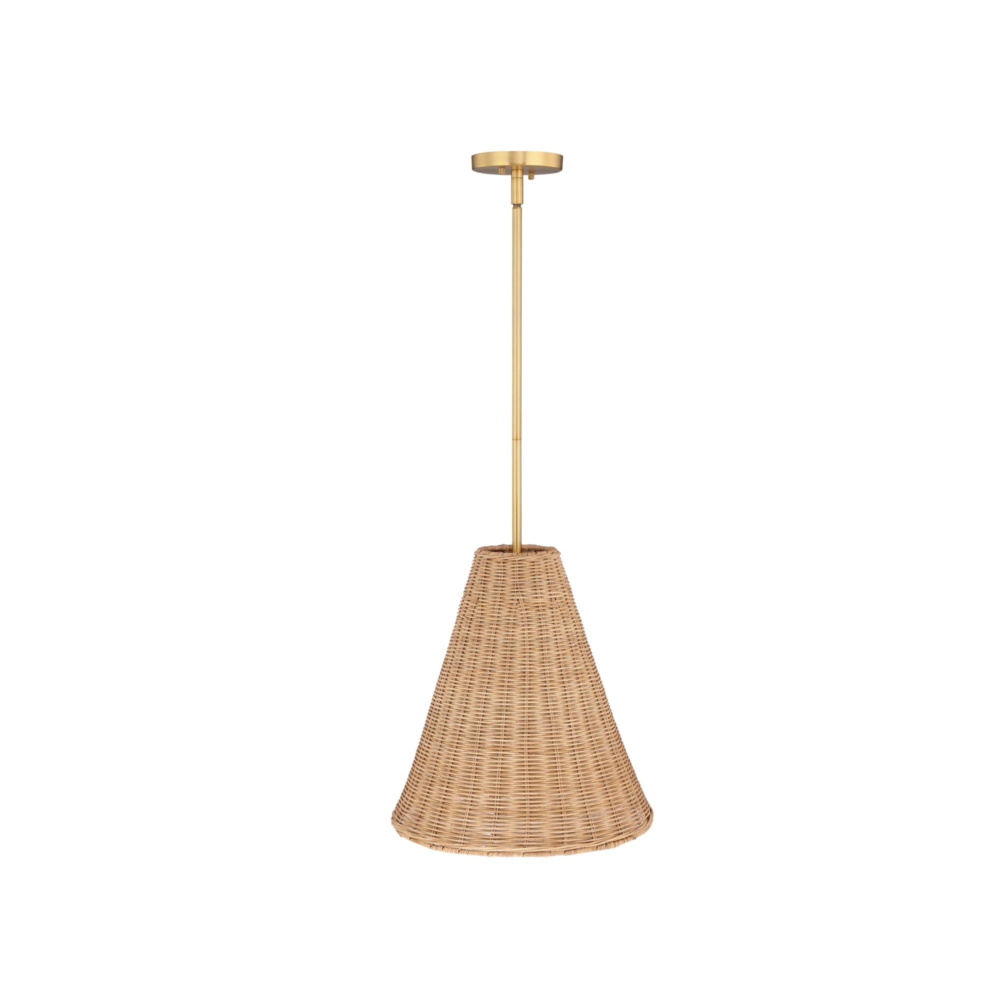 A pendant light with a conical woven wicker shade hangs from a slim brass rod and circular ceiling mount, shown against a white background.