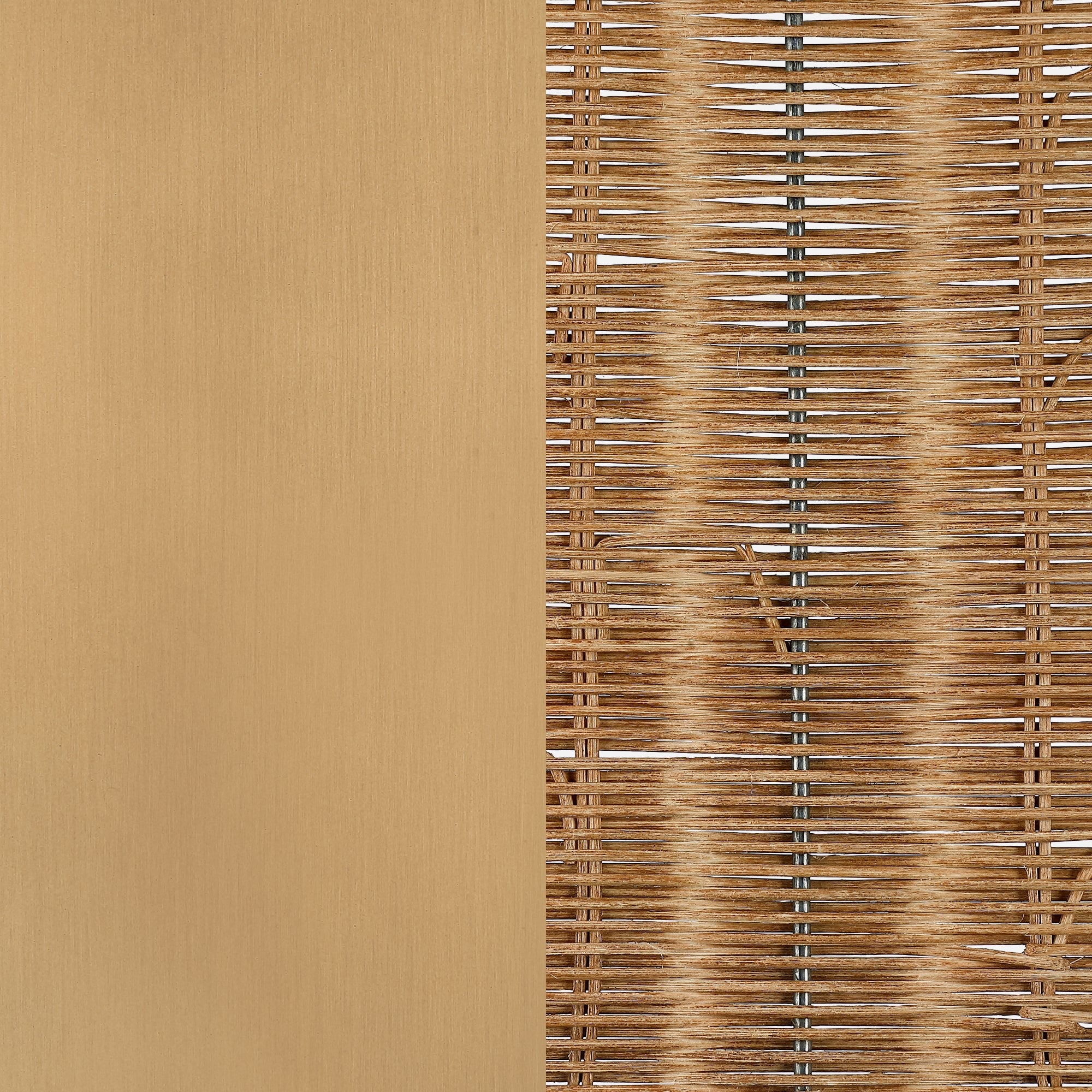 A close-up of a bamboo mat, with a smooth, solid beige section on the left and a woven bamboo pattern with horizontal and vertical lines on the right. The textures contrast between plain and intricate weaving.