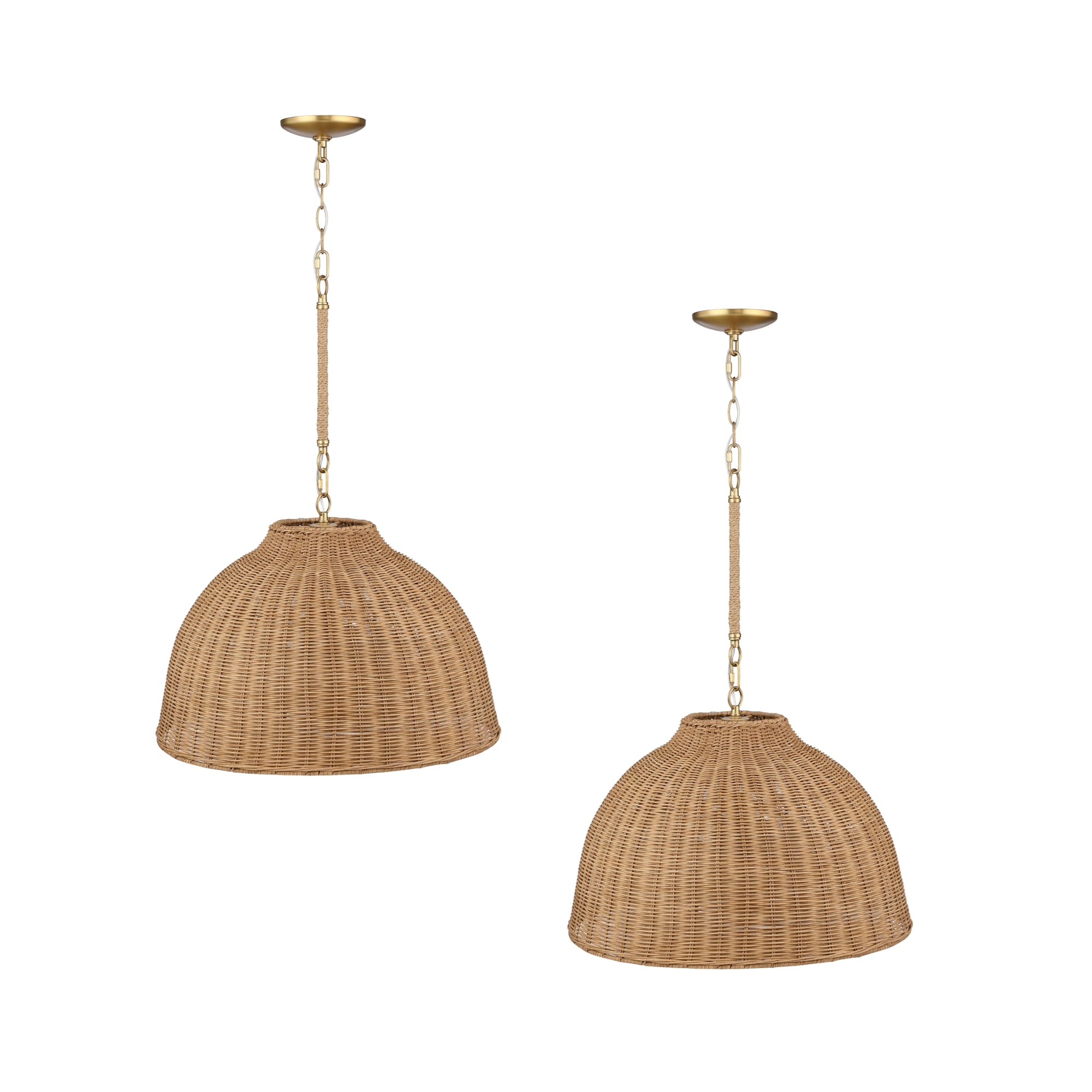 Two dome-shaped pendant lights with woven rattan shades and brass ceiling mounts, suspended by chains, against a white background.