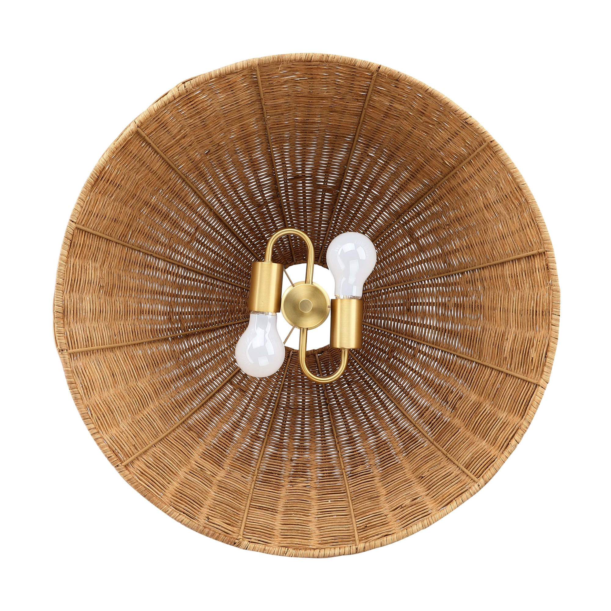 A round, woven rattan light fixture viewed from above, featuring two exposed light bulbs held by gold-colored sockets at the center.