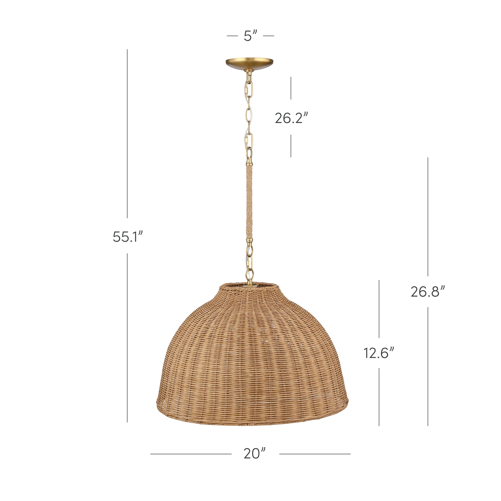 A woven rattan pendant light with a dome-shaped shade, suspended by a chain. The shade is 20 inches wide by 12.6 inches high; total drop is 55.1 inches, chain length is 26.2 inches, and canopy is 5 inches wide.