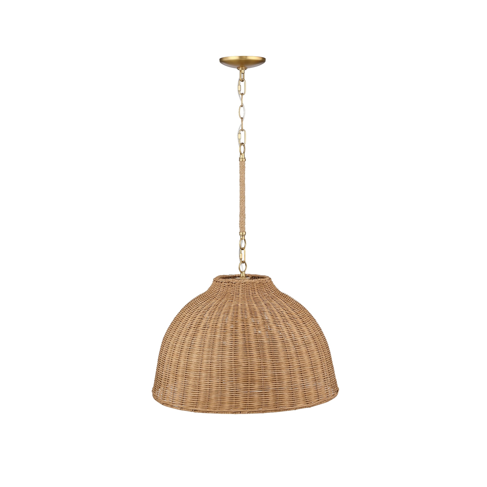 A woven rattan pendant light with a dome-shaped shade hangs from a brass chain and ceiling mount against a white background.