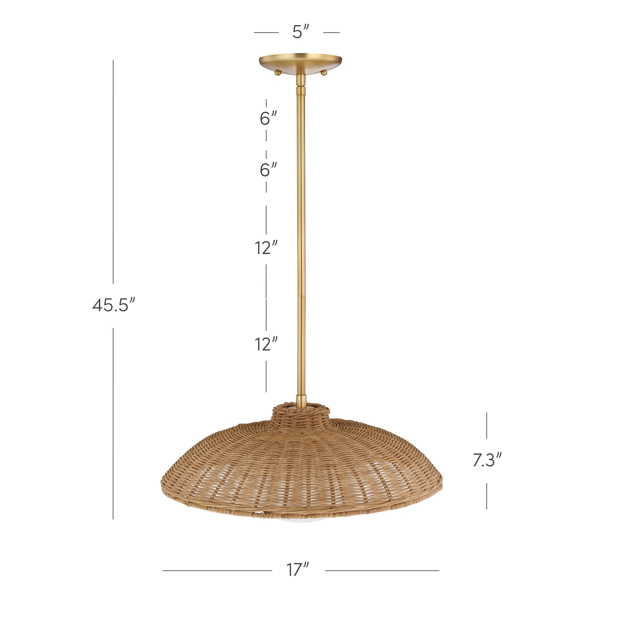 A woven rattan pendant light with a dome-shaped shade, gold metal rod, and ceiling mount. Dimensions: 17” wide shade, 7.3” tall shade, rod extends up to 45.5”, and 5” wide ceiling mount.