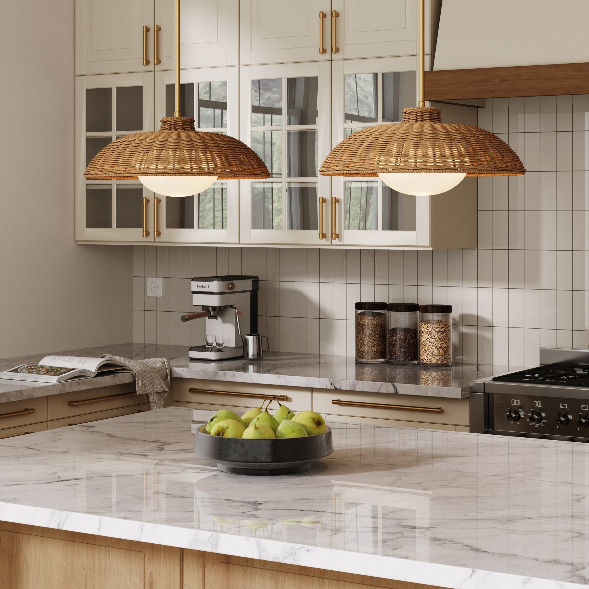 Modern kitchen with marble countertop, green apples, coffee machine, glass jars with grains, tiled backsplash, and two Nathan James Boho Rattan Pendant Light Fixtures with Glass Diffuser hanging above the counter.