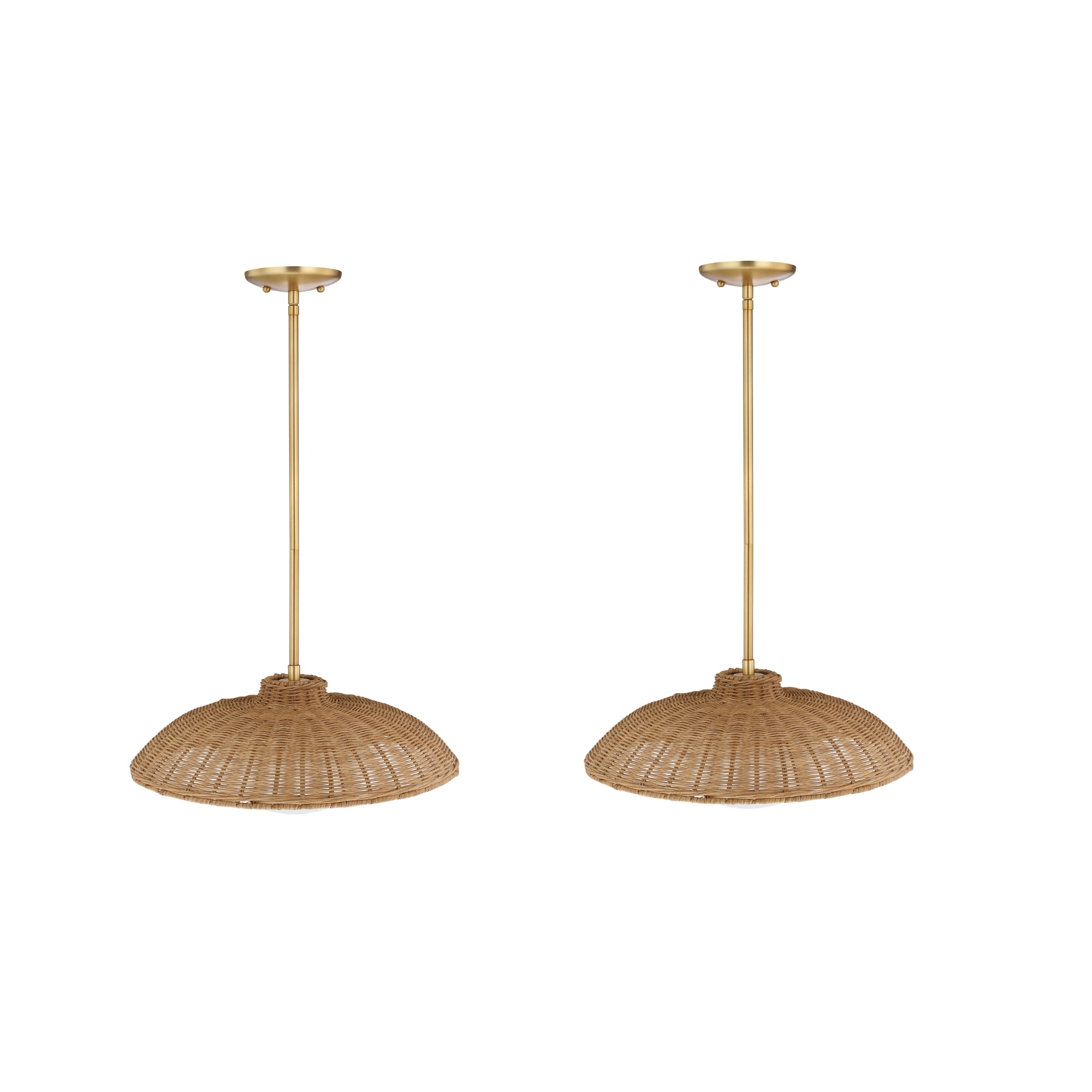 Two woven rattan pendant lights with wide, dome-shaped shades and gold-colored metal rods and ceiling mounts, displayed against a white background.