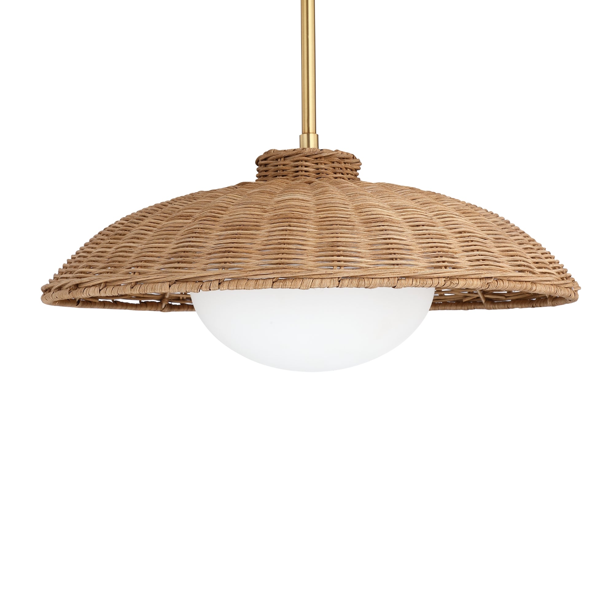 A pendant light with a round white bulb and a wide, woven rattan shade, hanging from a brass rod.