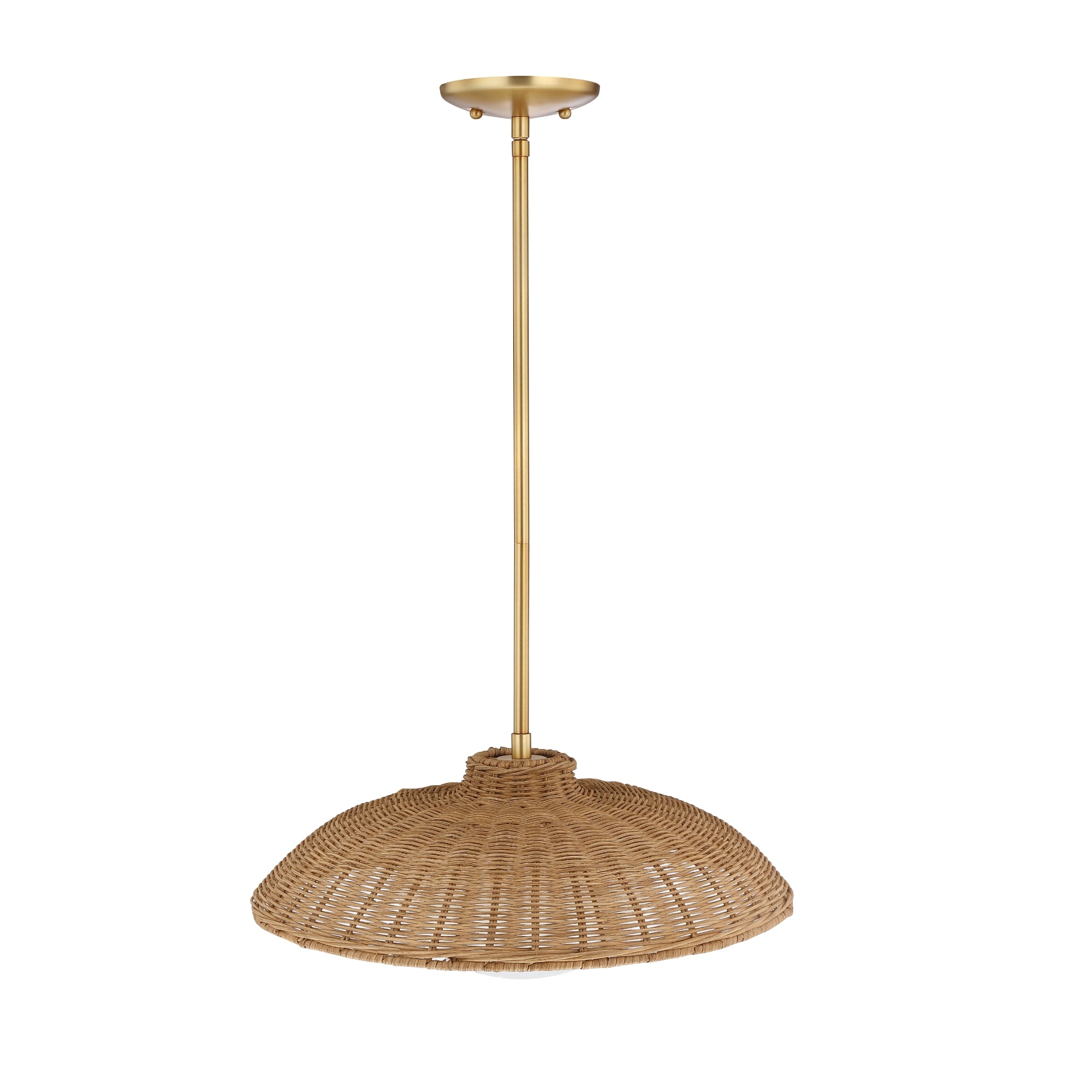 Woven rattan pendant light with a wide, dome-shaped shade and a brass rod and ceiling mount, suspended against a white background.
