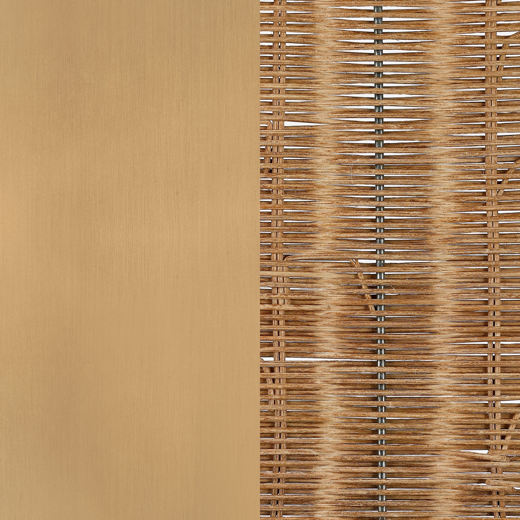 Close-up of a textured surface showing a woven bamboo mat on the right side and a smooth, light brown wooden panel on the left, creating a contrast between the two materials.