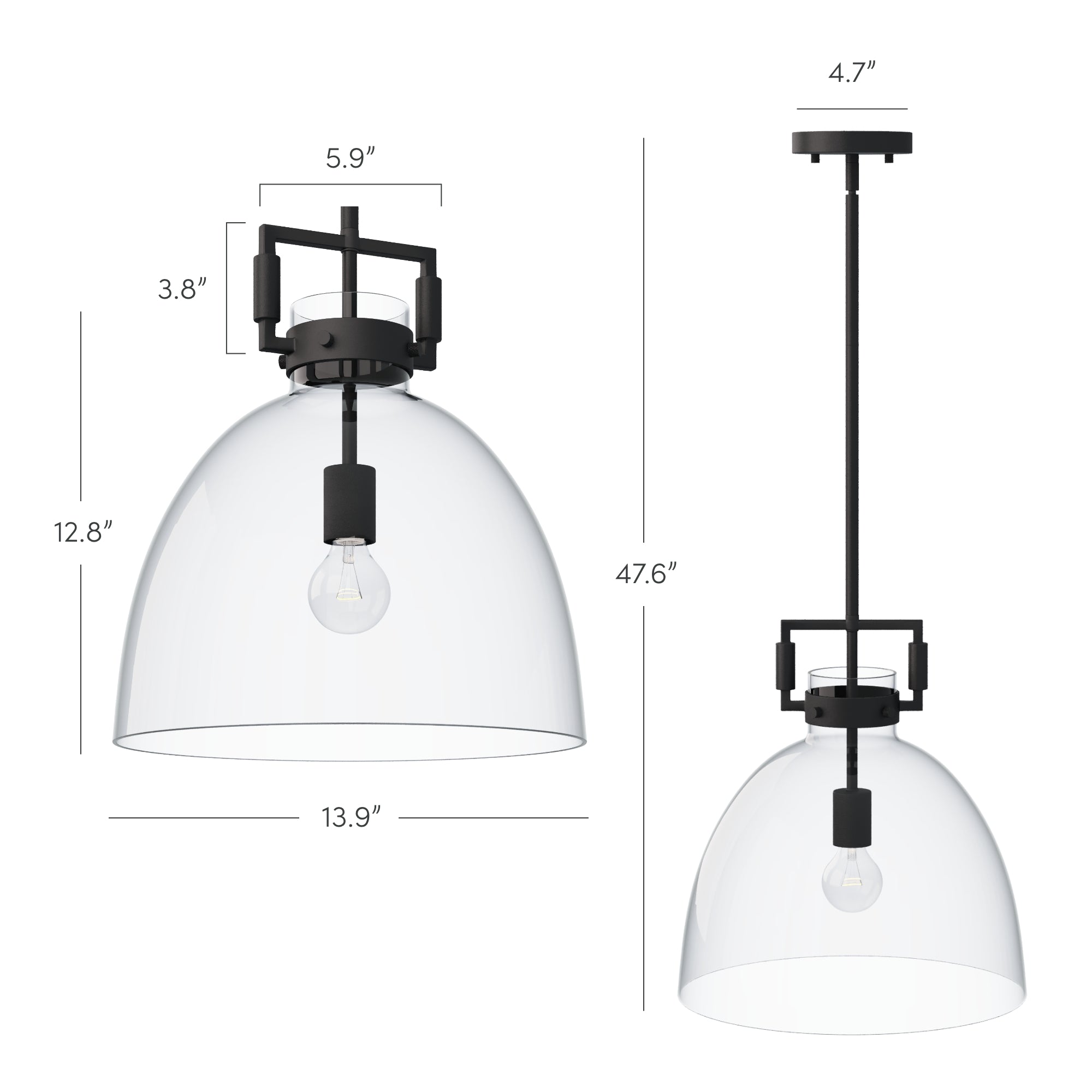 A modern pendant light with a clear glass dome shade, black fixture, and dimensions labeled: 13.9” wide, 12.8” tall (shade), 47.6” total height, 3.8” from top to bulb holder, and 5.9” canopy diameter.