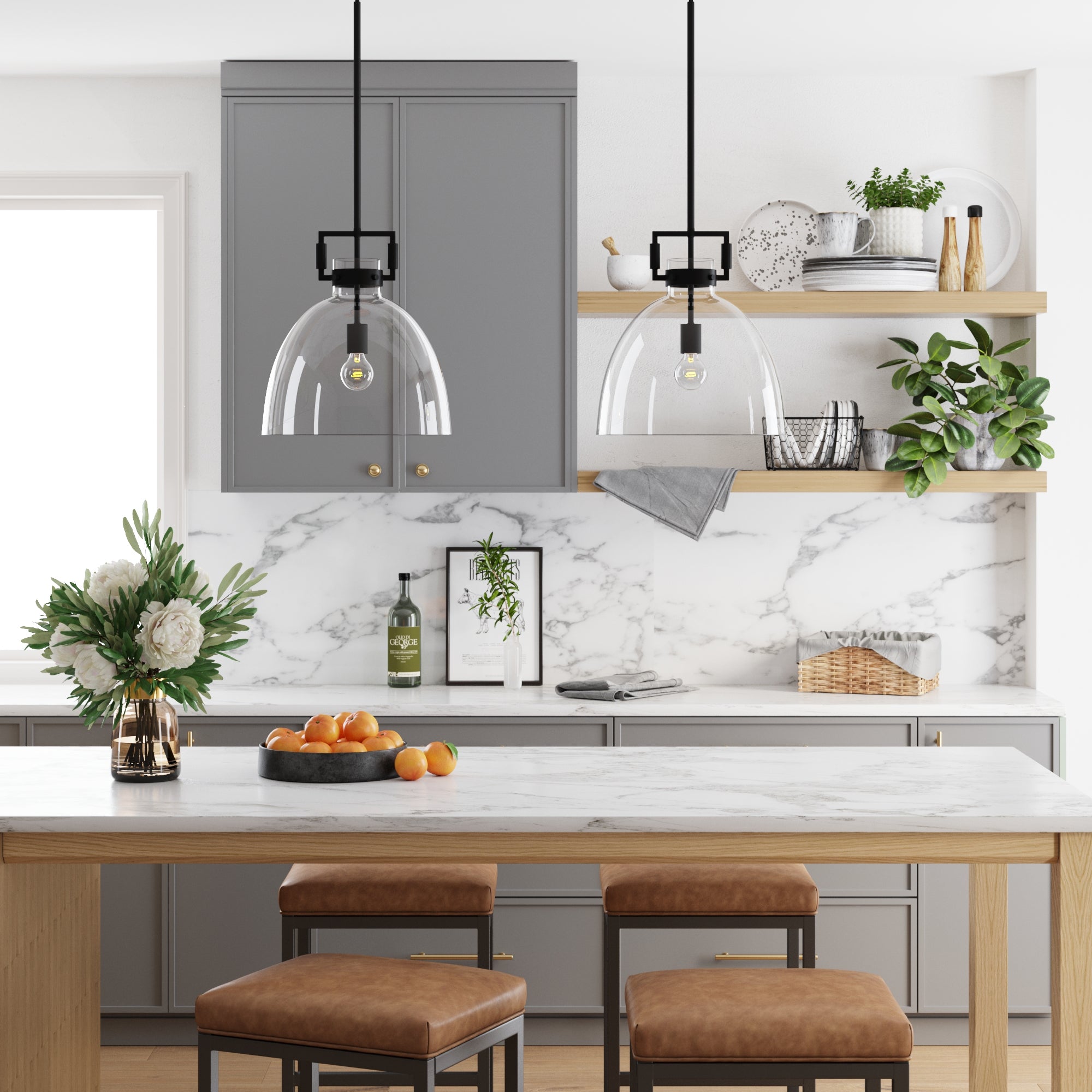 Modern kitchen with gray cabinets, marble backsplash, Nathan James Glass Dome Pendant Lights Black (Set of 2), open shelves with plants and dishes, vase of flowers, bowl of oranges on the island, and two brown leather stools.