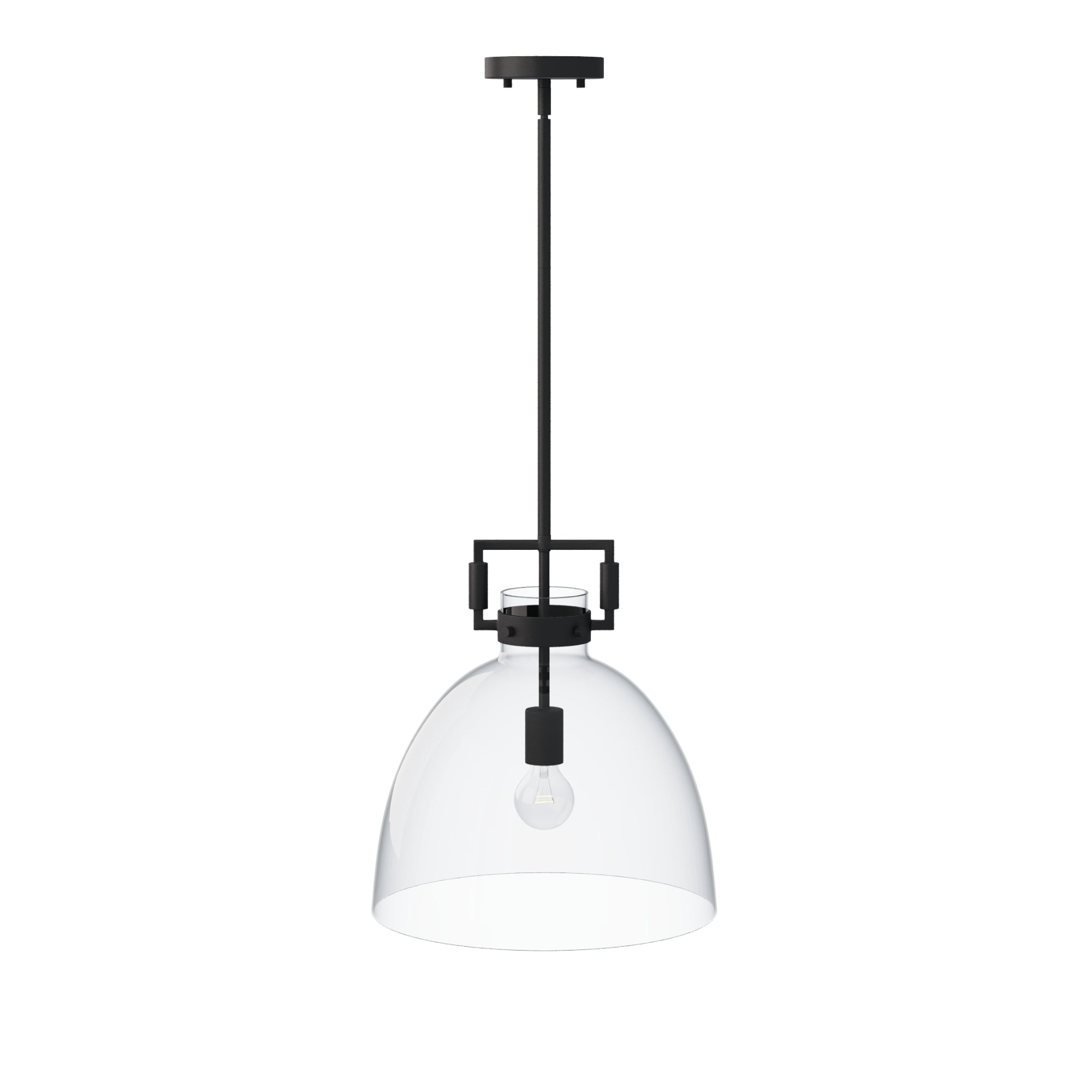 A modern pendant light with a clear glass dome shade, black metal fixture, and a single exposed bulb hanging from a black rod attached to a ceiling mount.