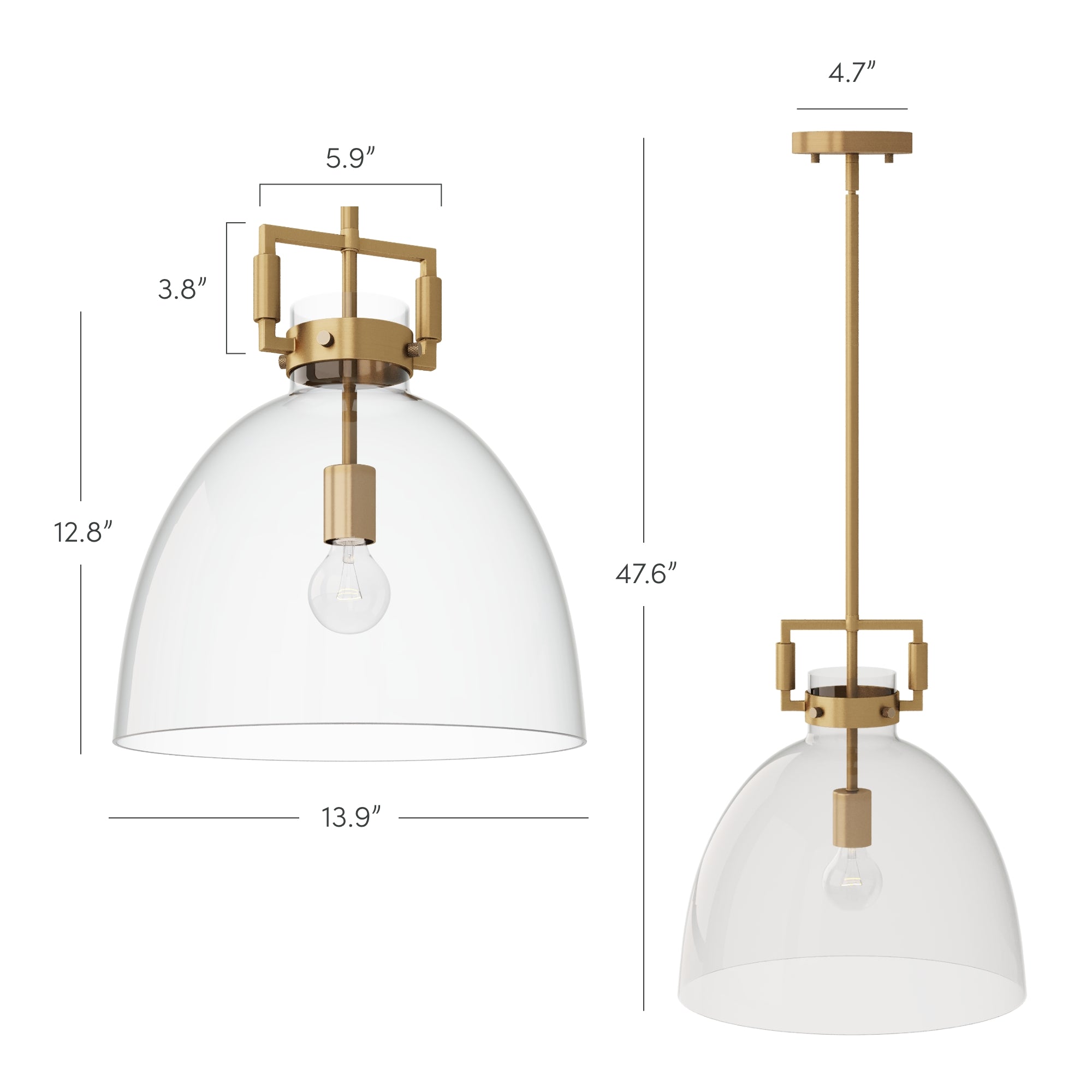 Pendant light fixture with a clear glass dome shade, gold metal hardware, and visible bulb. Dimensions are labeled: shade 13.9 wide, 12.8 tall, fixture 47.6 high, 5.9 canopy width, and 4.7 canopy depth.