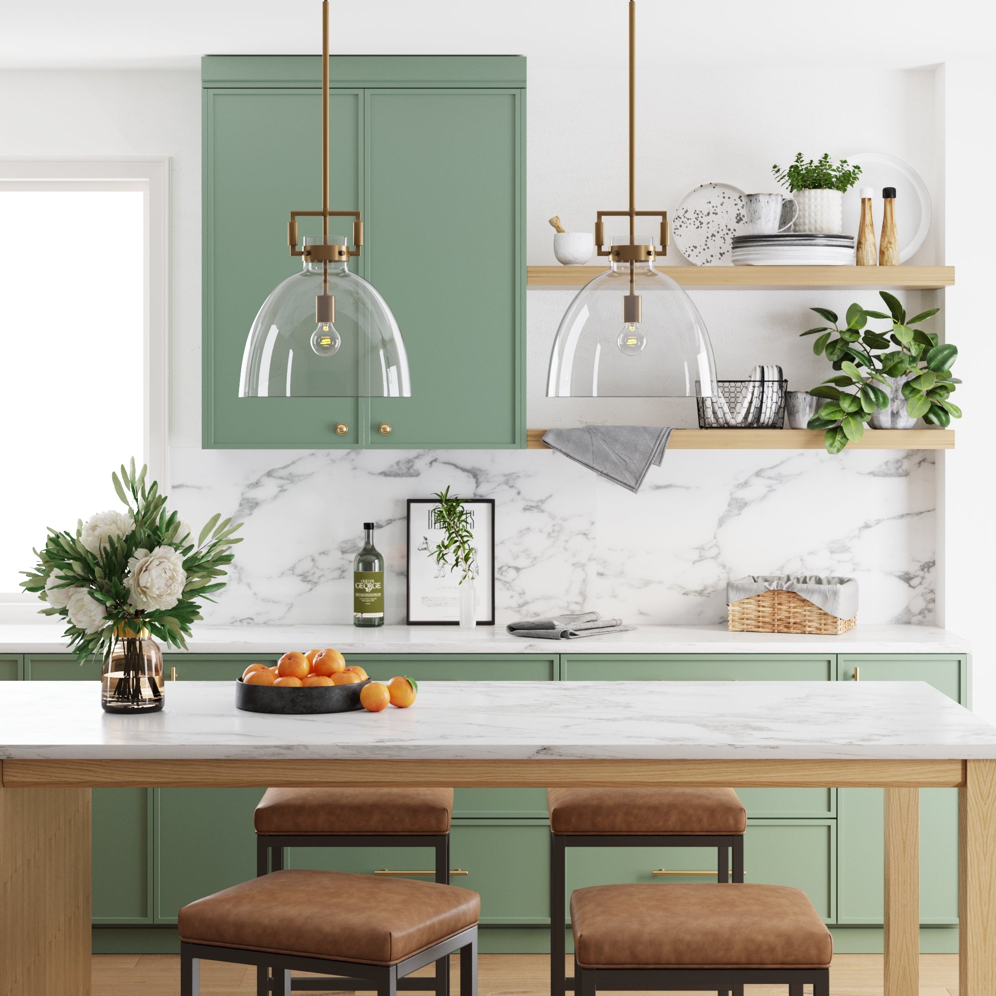Modern kitchen with sage green cabinets, marble backsplash, wooden shelves with plants and dishes, pendant lights, a vase of flowers, a bowl of oranges, and three brown leather stools at a marble island.