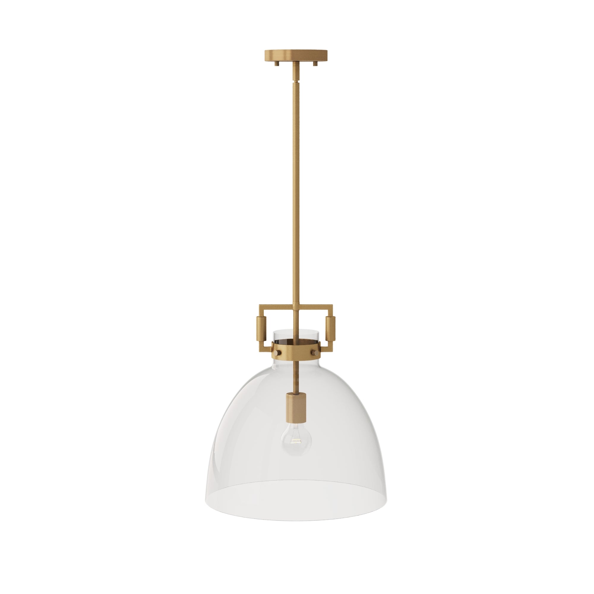 A modern pendant light with a gold metal fixture and a clear glass dome shade, hanging from a straight rod. The exposed bulb is visible inside the transparent shade.