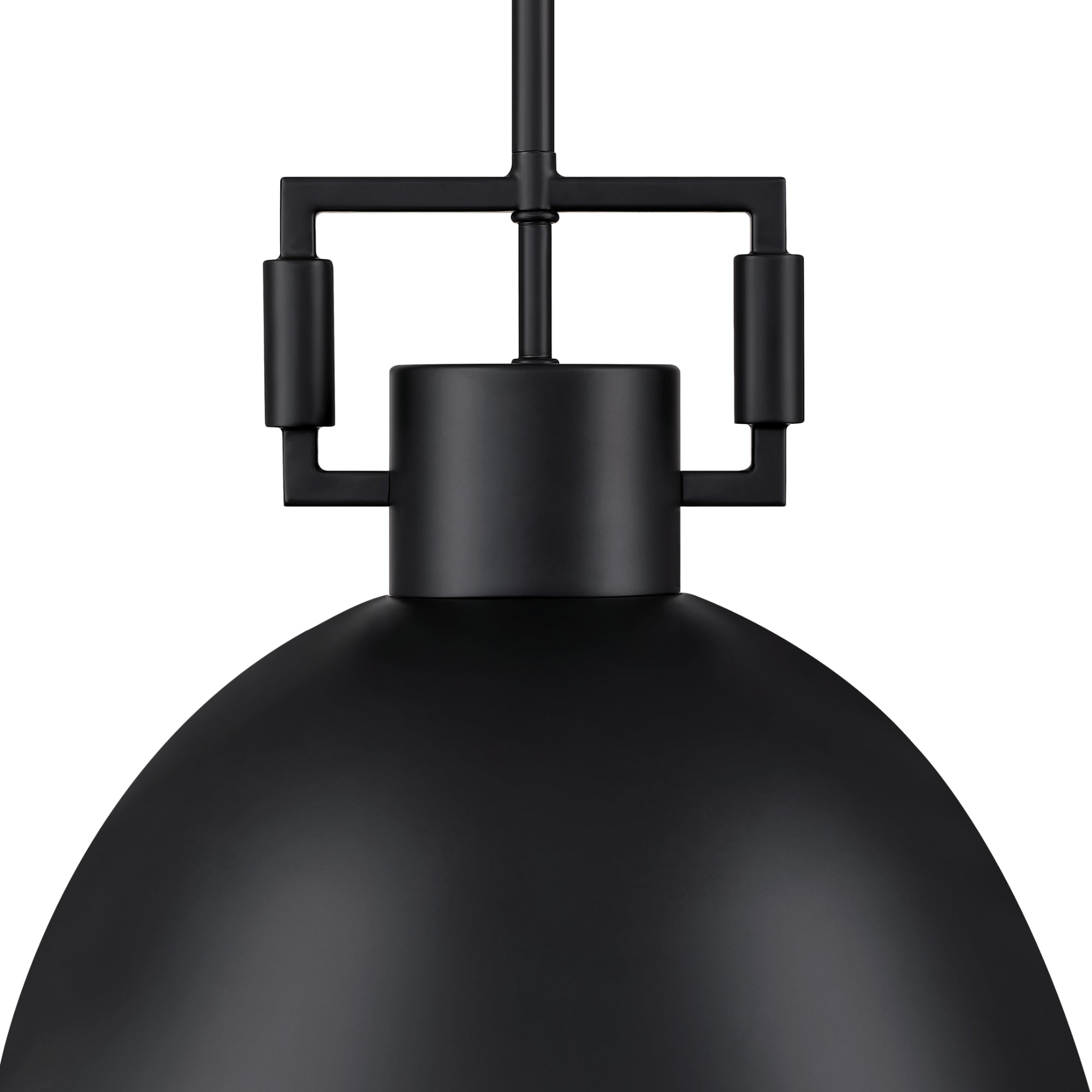 A black lamp shade with a black metal frame.