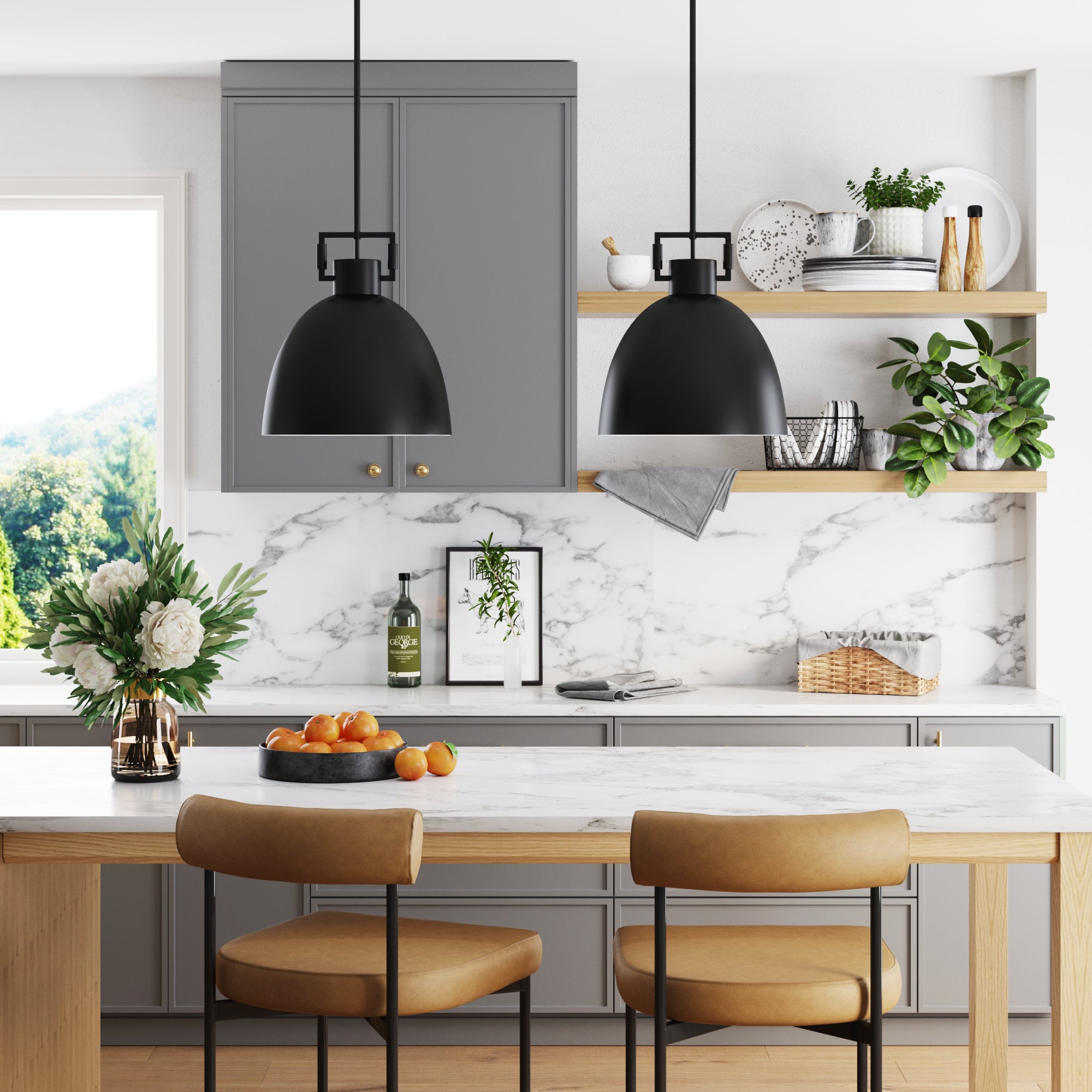 Modern kitchen with gray cabinets, marble backsplash, wooden shelves displaying plants and dishes, and Nathan James Metal Dome Shade Pendant Ceiling Lights in black. Tan chairs surround a marble island accented with fruit bowls and flowers as natural light streams in.