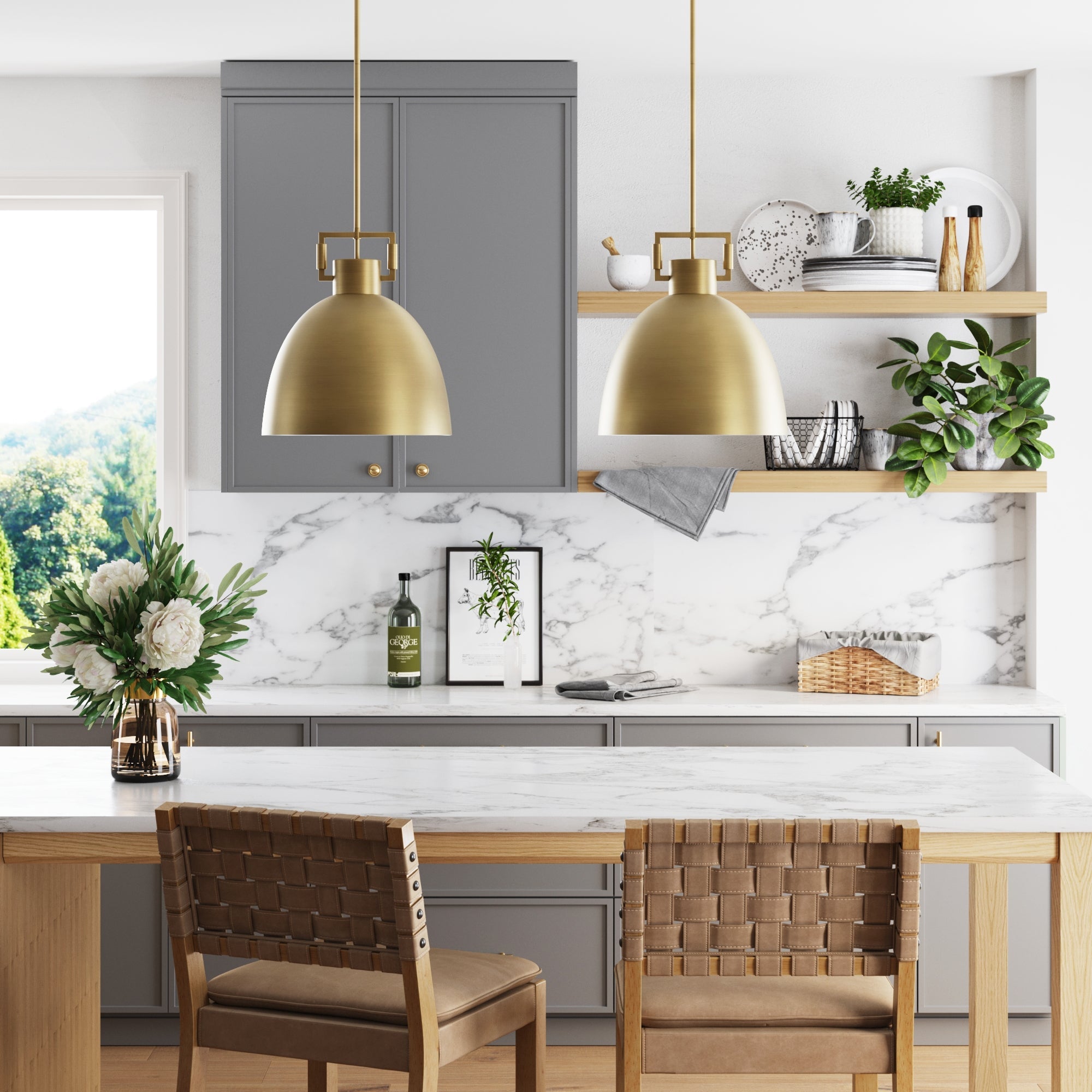 Modern kitchen with gray cabinets, marble backsplash, wooden shelves for plants and dishes, Nathan James Metal Dome Pendant Lights Brass (Set of 2), a marble-top island with two woven chairs, and a vase of flowers on the counter.