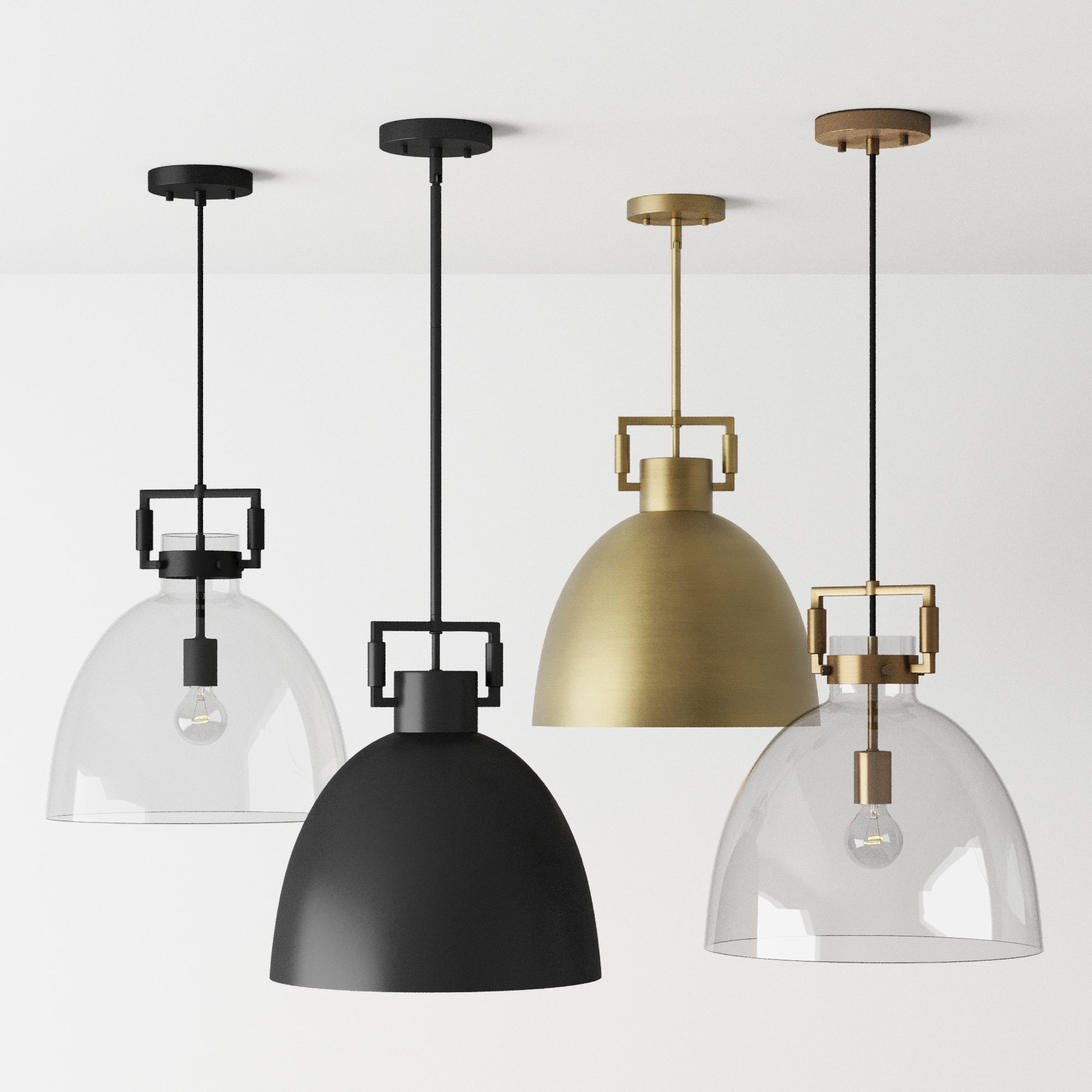 Four modern pendant lights hang from a white ceiling. Two have clear glass shades, one is matte black, and one is brass. Each light has a different metal fixture and a visible bulb inside.