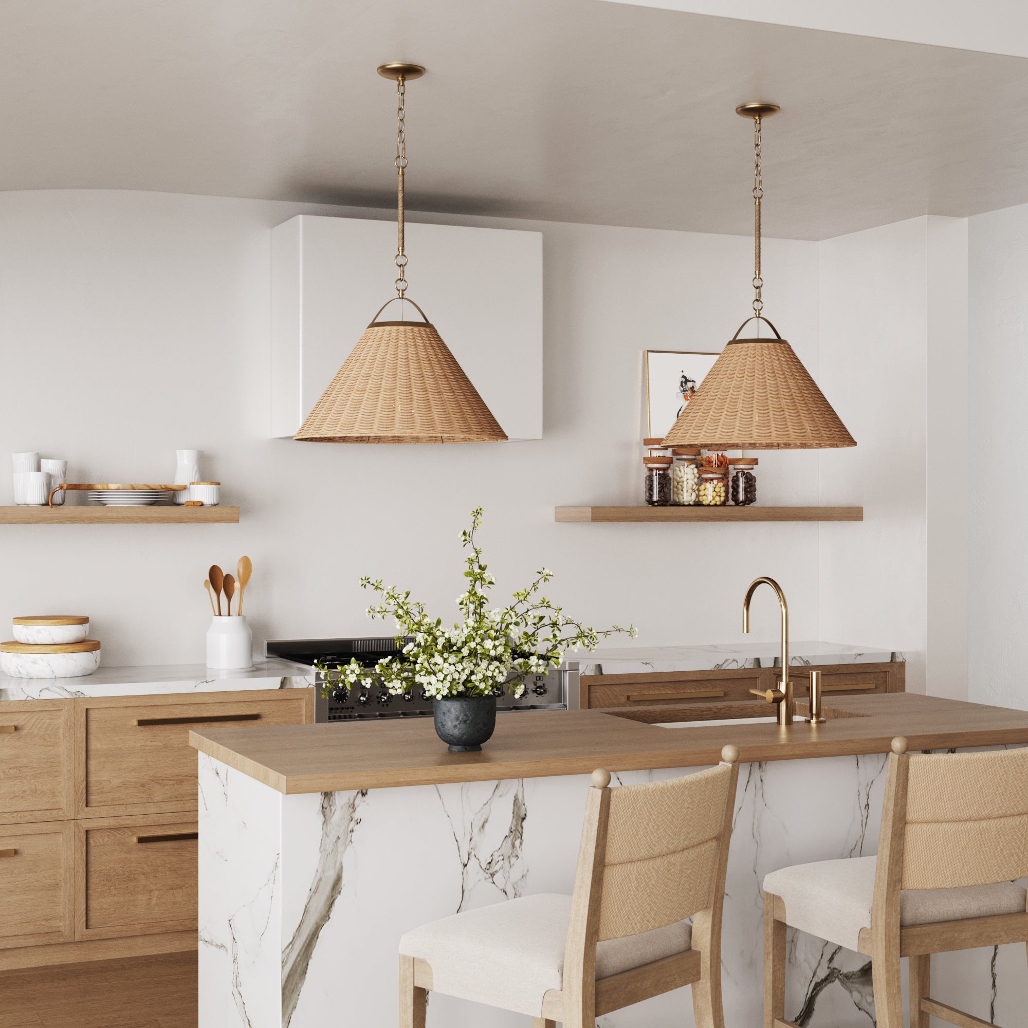 Modern Farmhouse Coastal Rattan Pendant Vintaged Brass - Nathan James