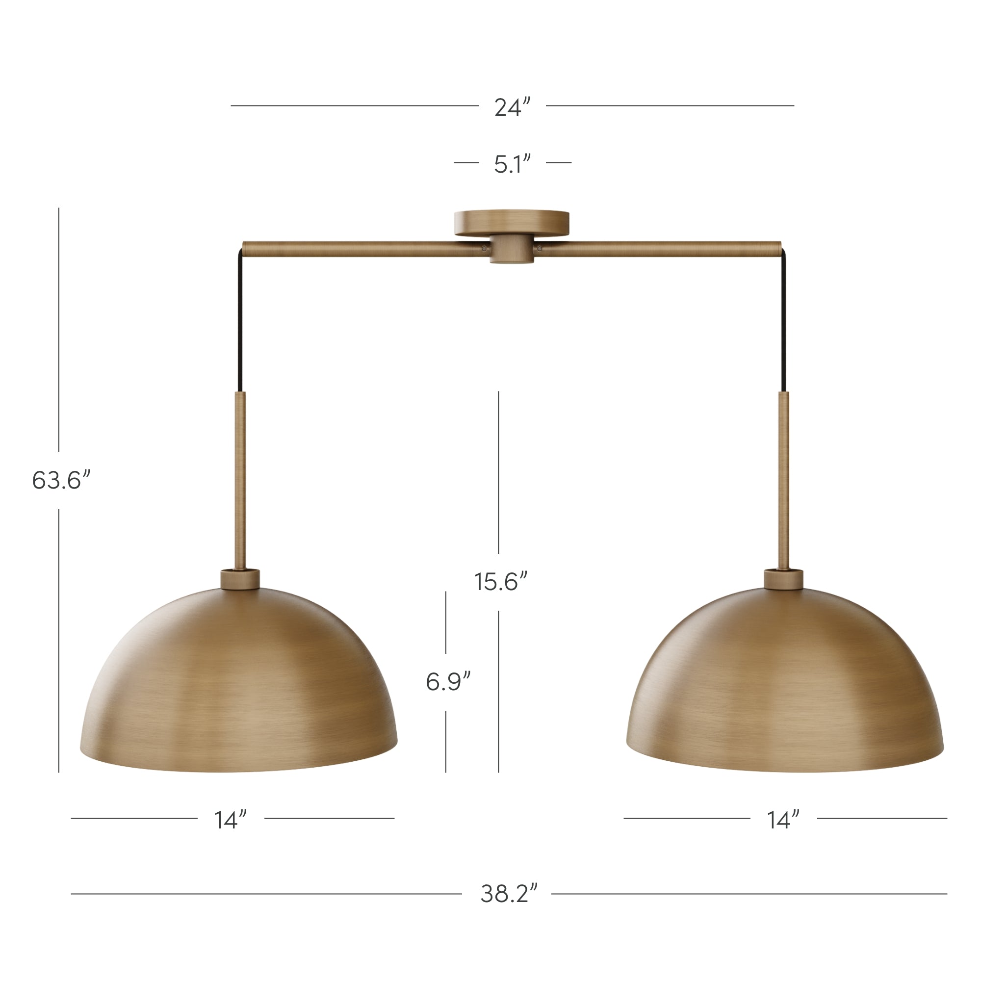 A brass double pendant light fixture with two dome-shaped shades, each 14 wide. The arms span 38.2 in width and 24 between shades. Fixture height is 63.6, with a 15.6 drop from the ceiling.