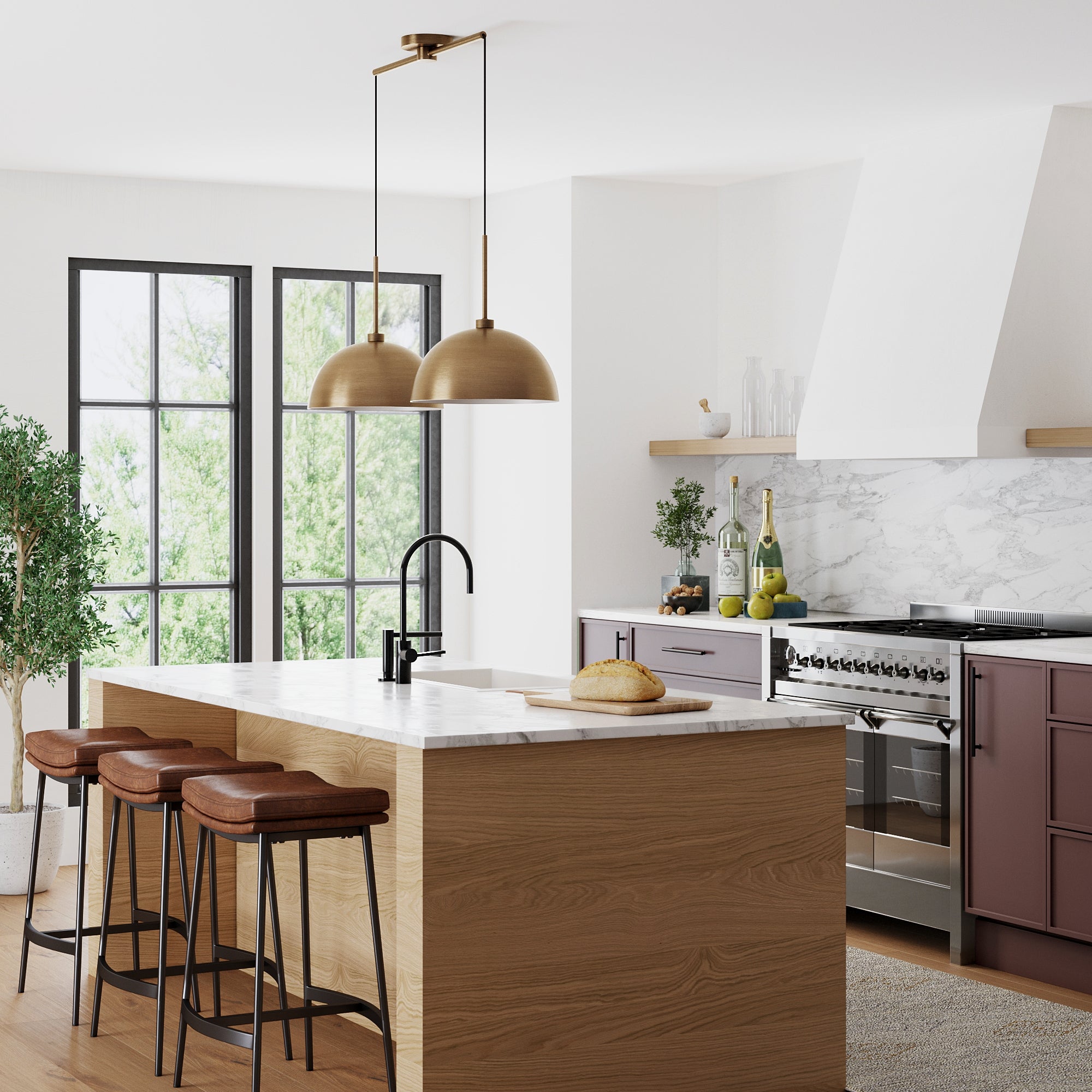 Modern kitchen with a wooden island, three brown bar stools, marble countertops, gold pendant lights, a black faucet, and large windows letting in natural light. Green plant and kitchenware add a homey touch.