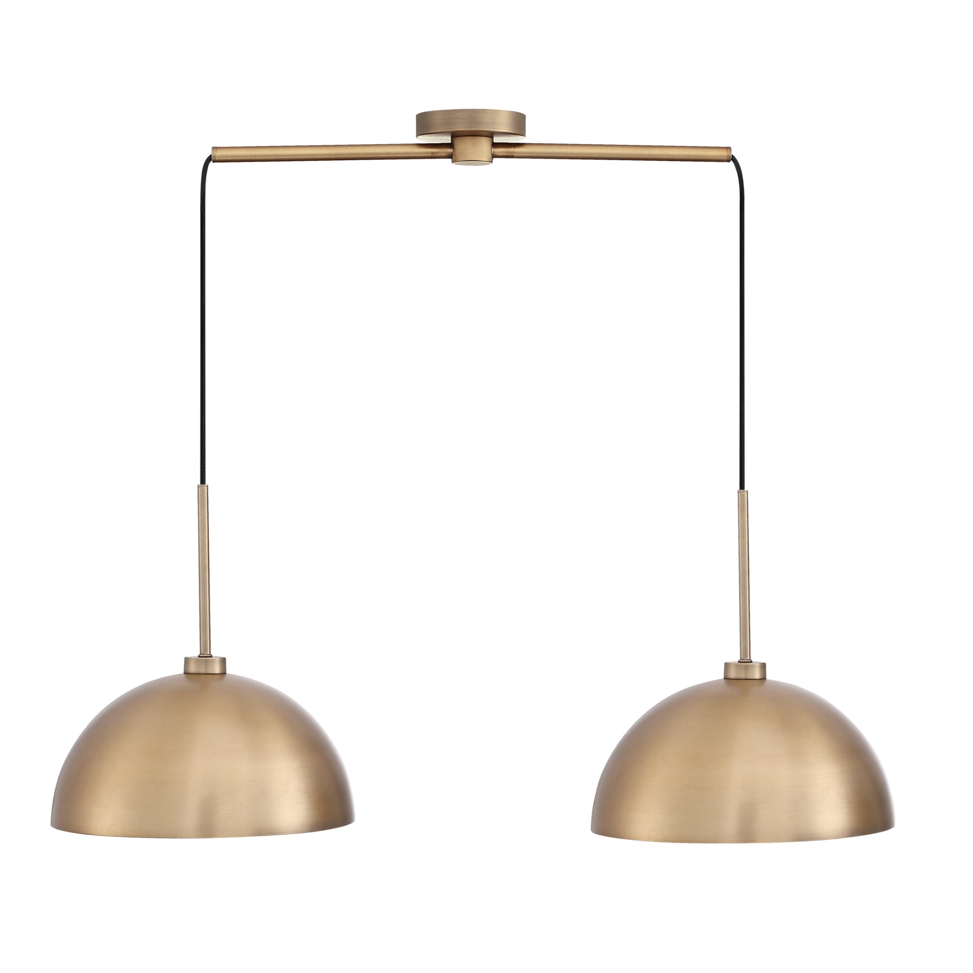 A modern, gold-colored pendant light fixture with two dome-shaped lampshades hanging from a horizontal bar, connected by black cords to a central ceiling mount.