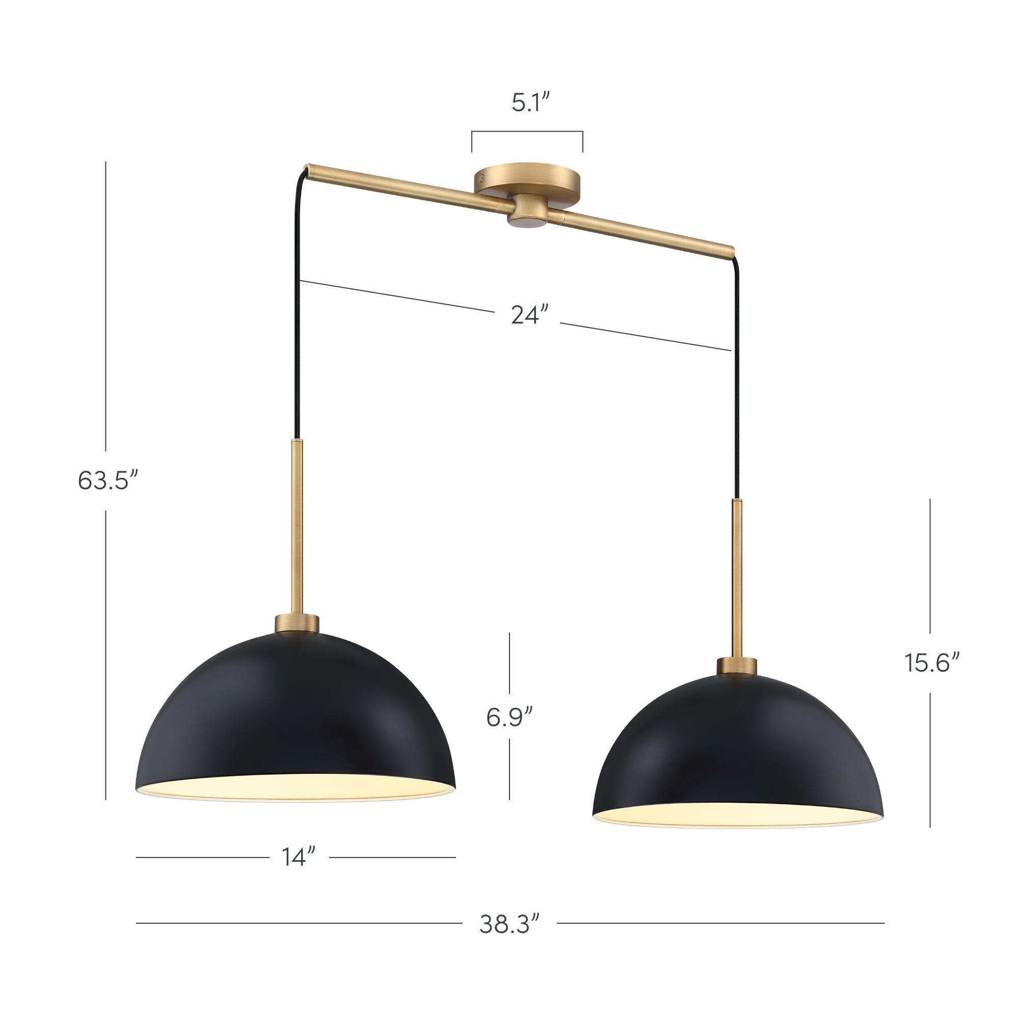 Modern pendant light fixture with two black dome-shaped shades, gold accents, and visible measurements: total width 38.3, shade width 14, fixture height 63.5 max, and bar length 24.