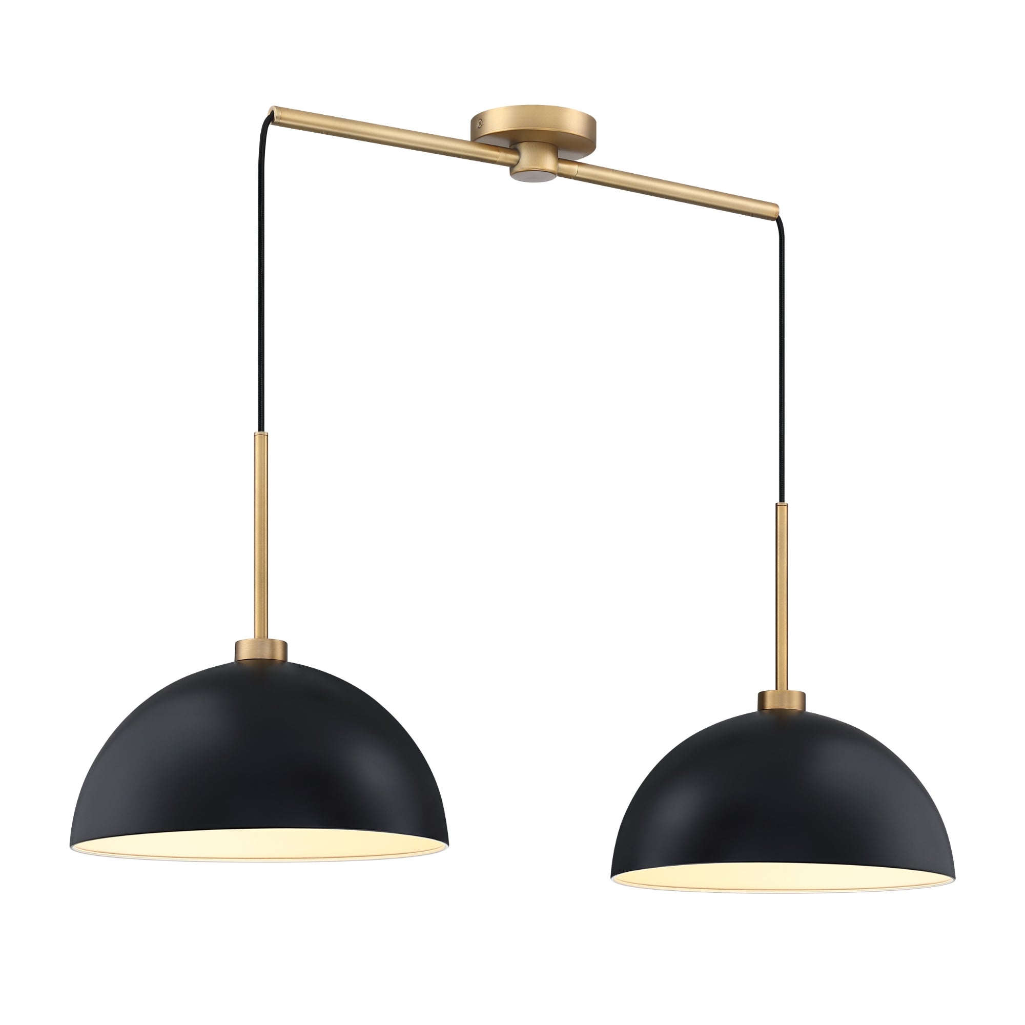Modern ceiling light fixture with two black dome-shaped shades, suspended from a horizontal brass rod and circular ceiling mount, featuring black cords above each shade.