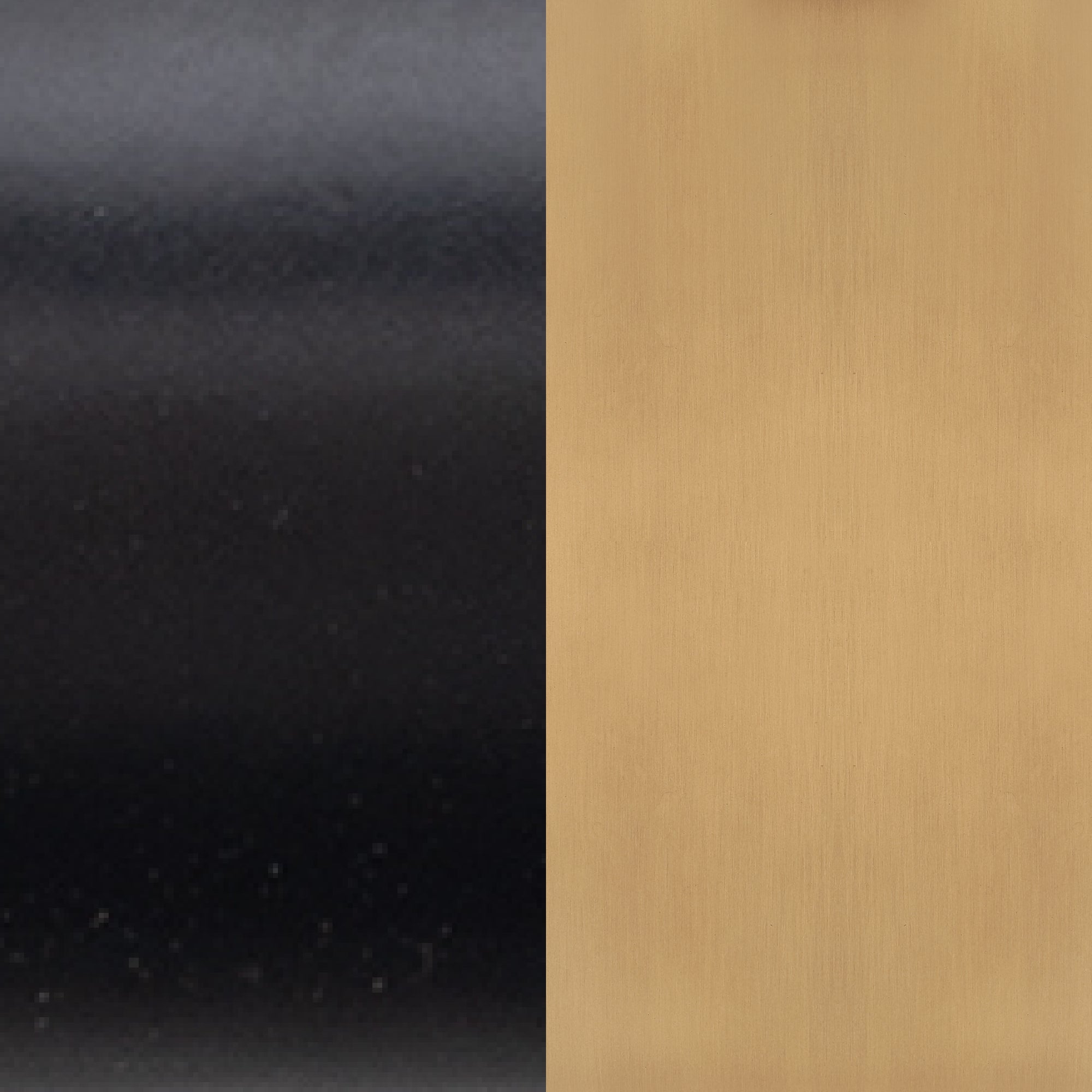 A split image showing two textures: the left side is smooth, matte black, while the right side is brushed, metallic gold.
